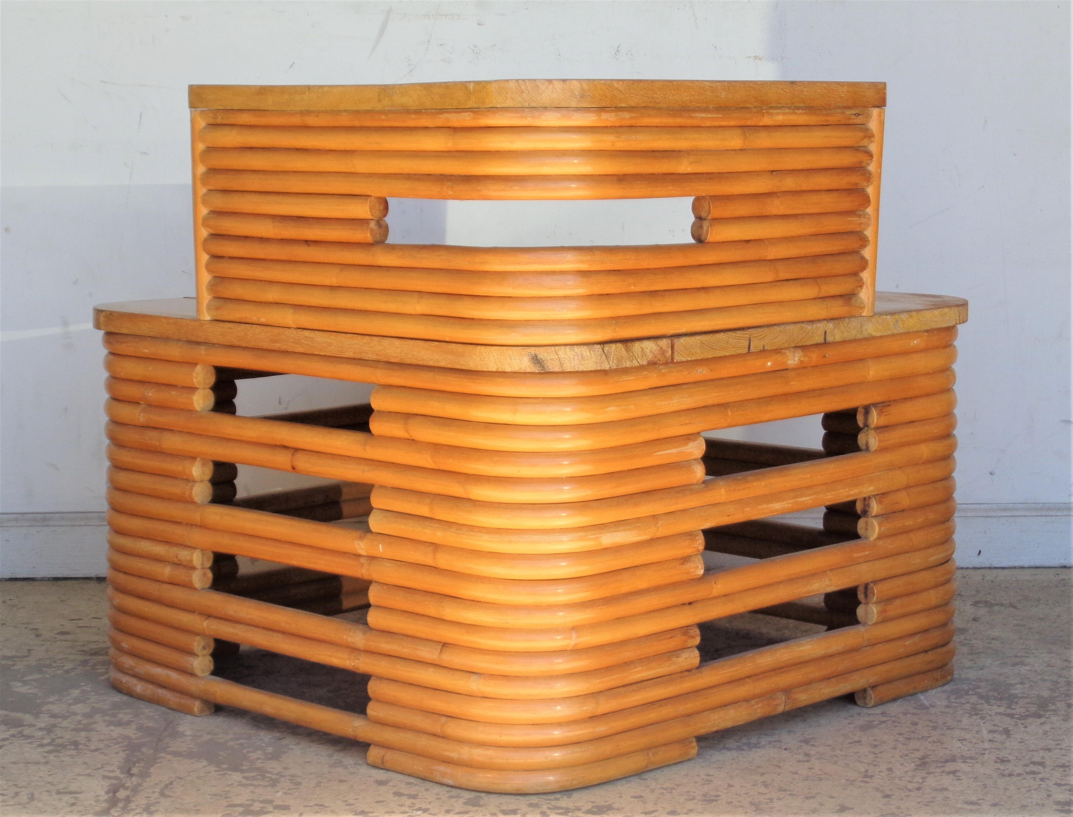 20th Century Paul Frankl Rattan Two Tiered Corner Table For Sale