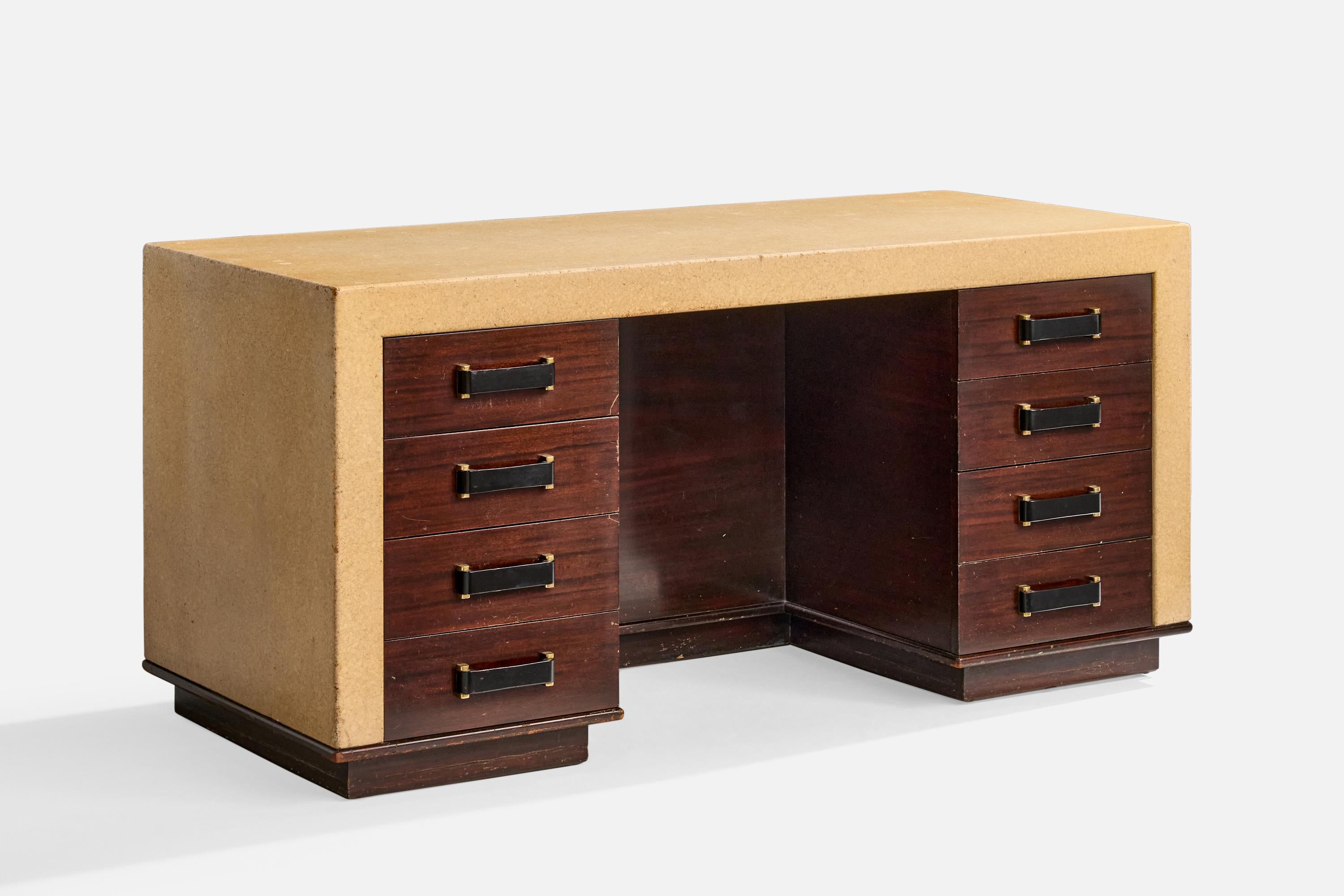 Ein Schreibtisch aus Kork, dunkel gebeiztem Mahagoni, Messing und schwarz gefärbtem Leder, entworfen von Paul Frankl und hergestellt von Johnson Furniture Company, Grand Rapids, Michigan, um 1950.

Gesamtabmessungen (Zoll): 28,5 