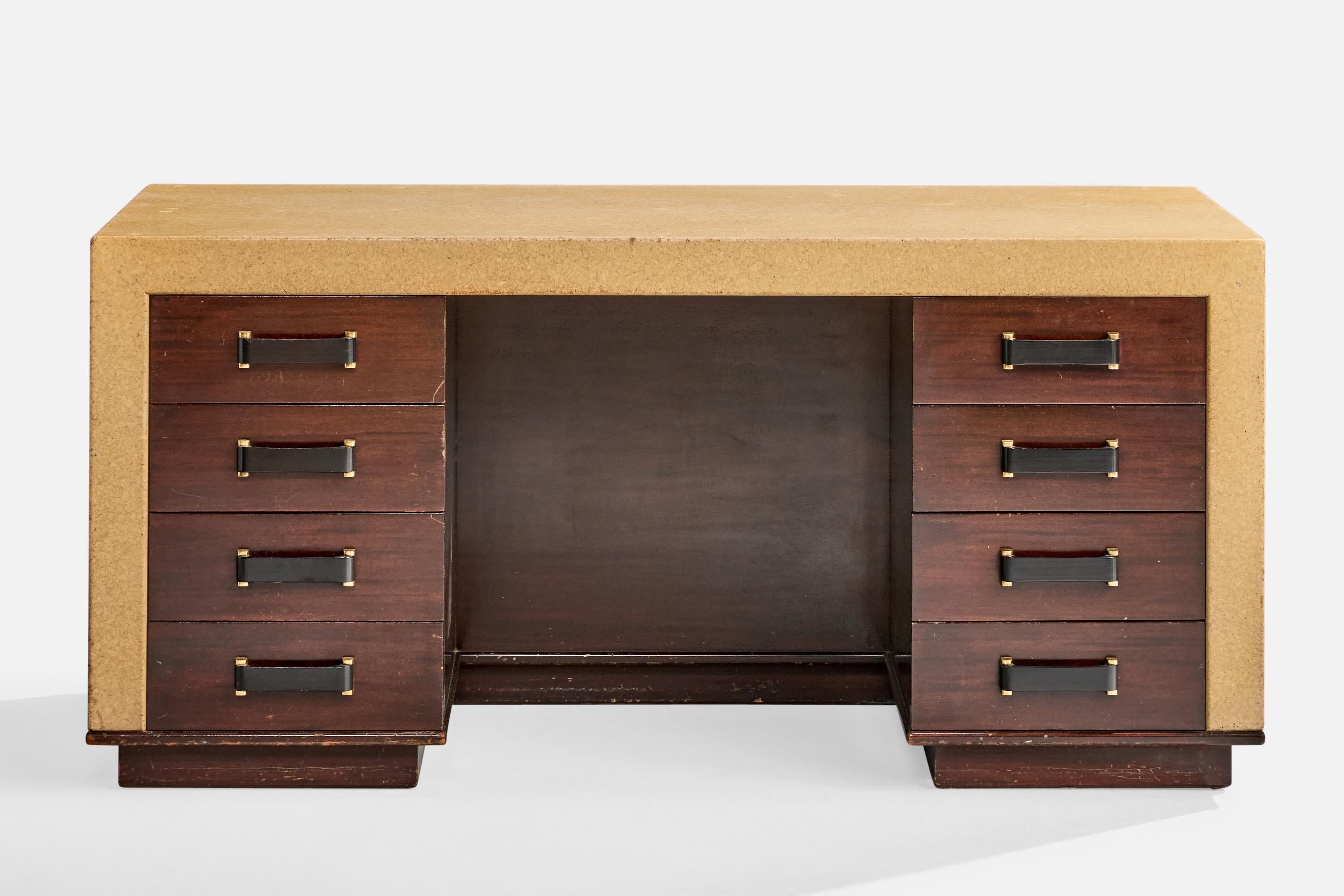 Paul Frankl, Schreibtisch, Kork, Mahagoni, Leder, Messing, USA, 1950er Jahre (Moderne der Mitte des Jahrhunderts) im Angebot