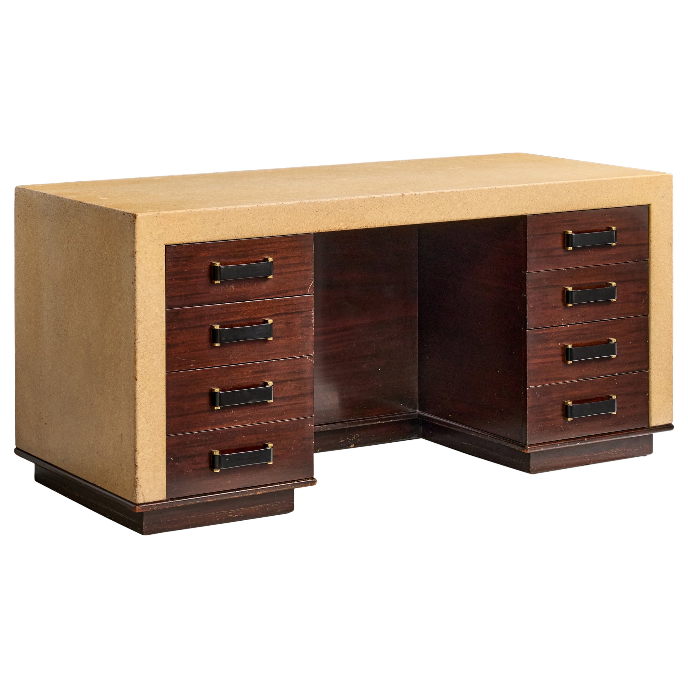 Paul Frankl, bureau, liège, acajou, cuir, laiton, États-Unis, années 1950