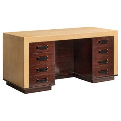 Paul Frankl, Desk, Cork, Mahogany, Leather, Brass, USA, 1950s