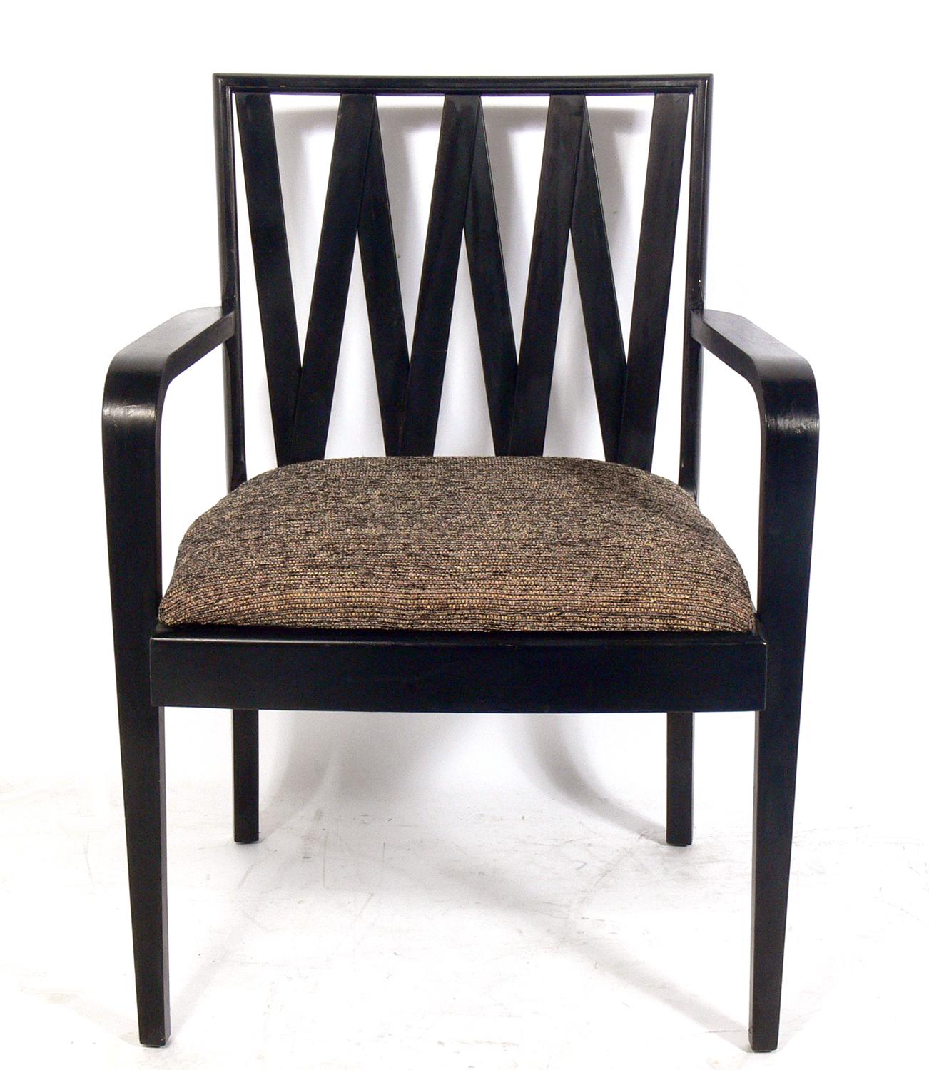 Set of six dining chairs, designed by Paul Frankl for The Johnson Furniture Company, American, circa 1940s. These chairs are currently being refinished and reupholstered. The price noted below includes refinishing in your choice of color and