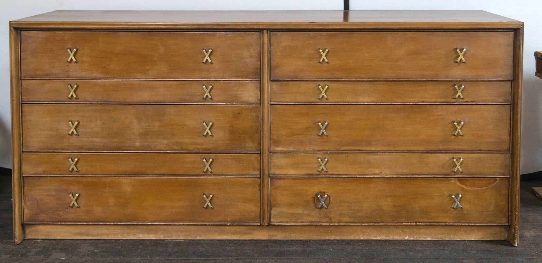 1950s ten-drawer chest with X-pulls in original finish by Paul Frankl.