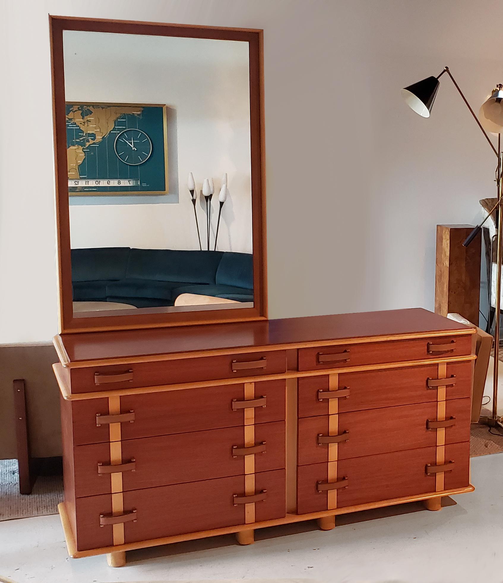 Paul Frankl Dresser & Mirror 'Station Wagon Series' in Mahogany Maple & Leather 2