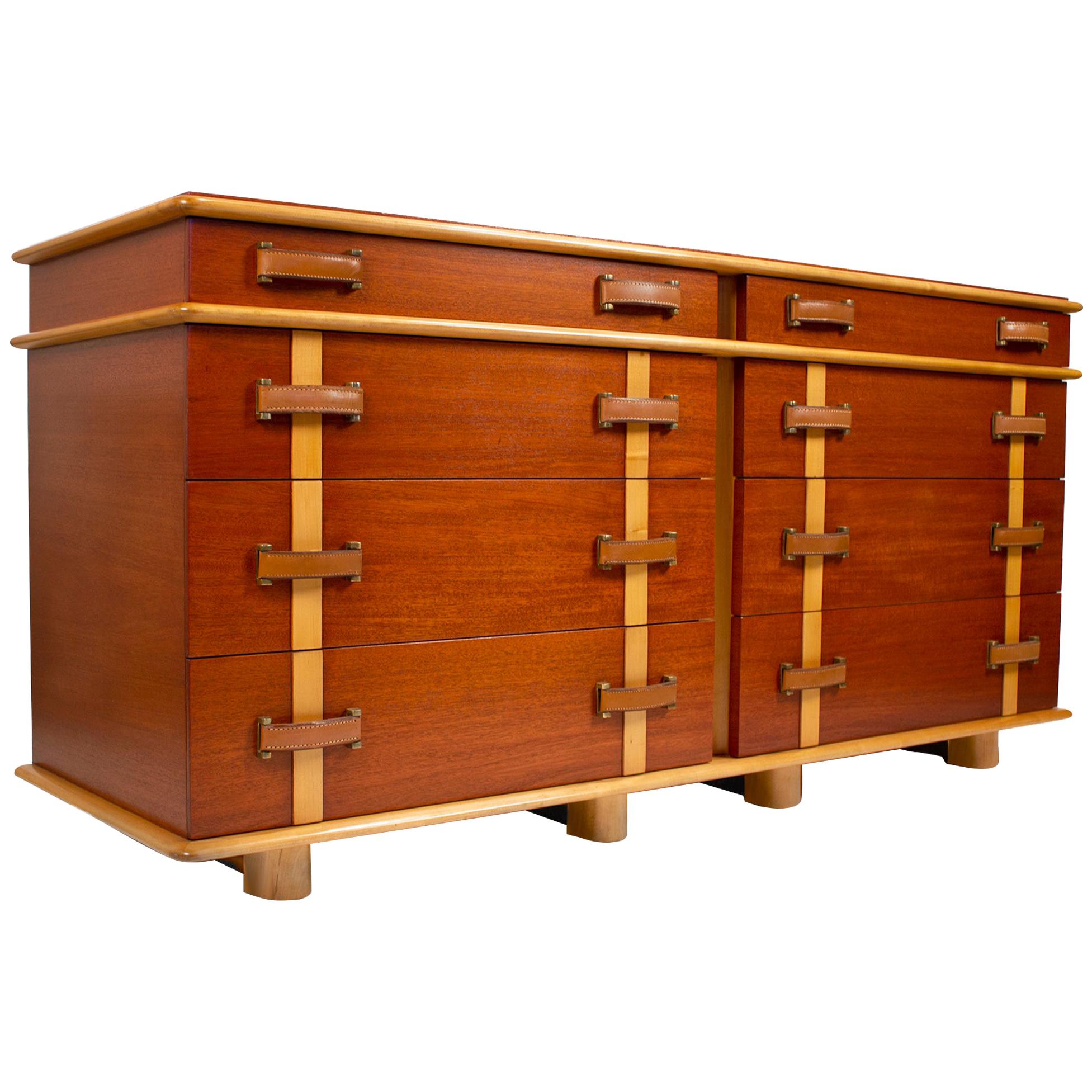 Paul Frankl Dresser & Mirror 'Station Wagon Series' in Mahogany Maple & Leather