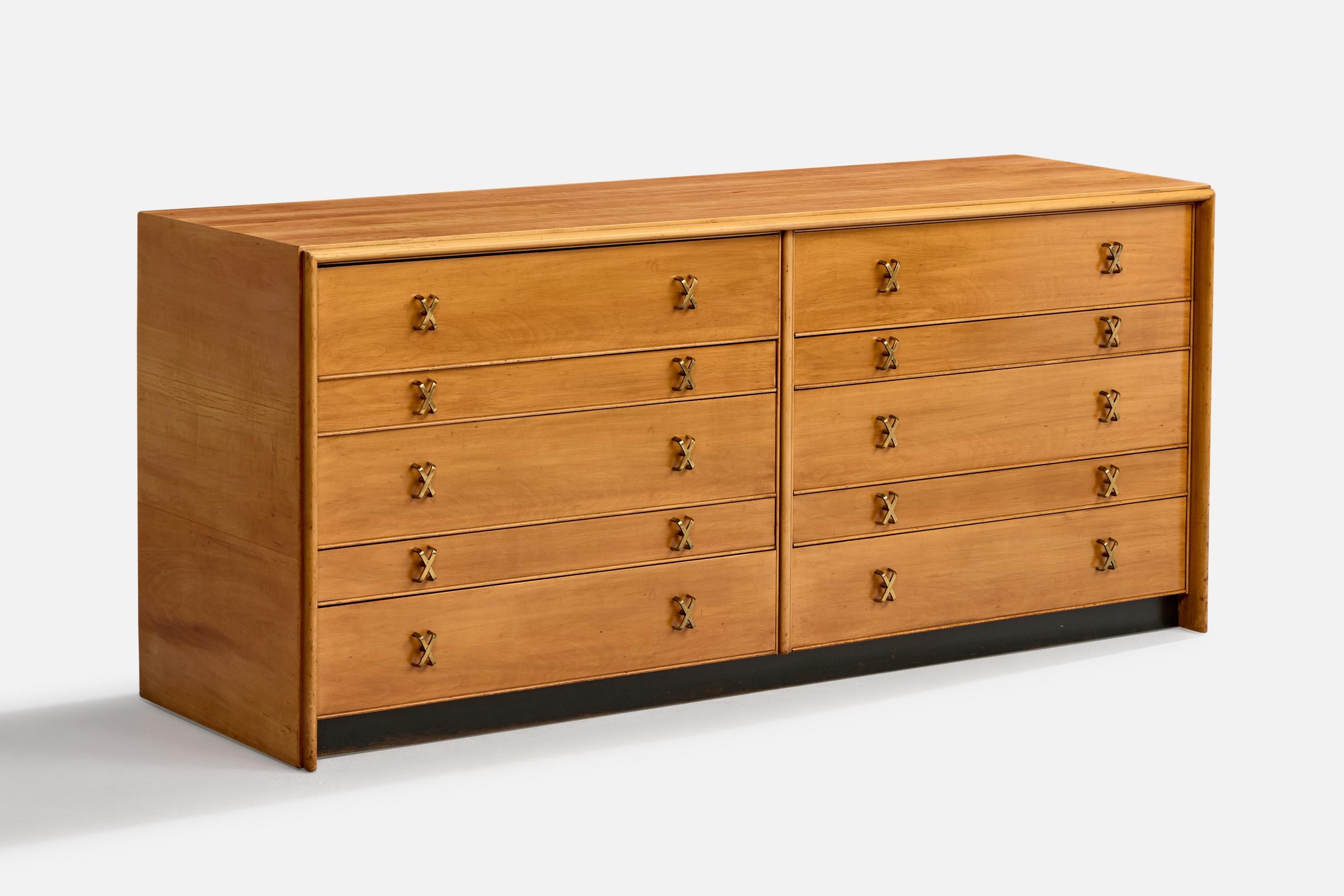 A wood and brass dresser designed by Paul Frankl and produced by Johnson Furniture Company, USA, c. 1950s.

With John Stuart retail plaque.

Overall Dimensions (inches): 32.25