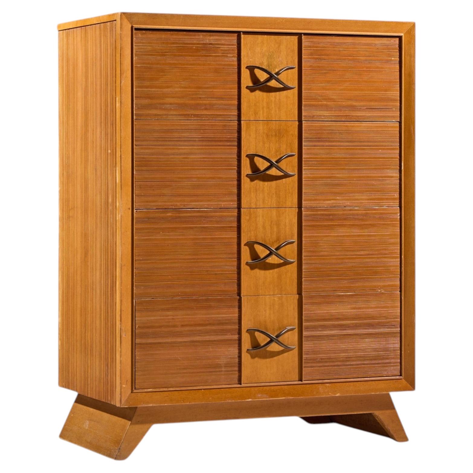 Paul Frankl for Brown Saltman Mid Century Oak and Brass Highboy Dresser