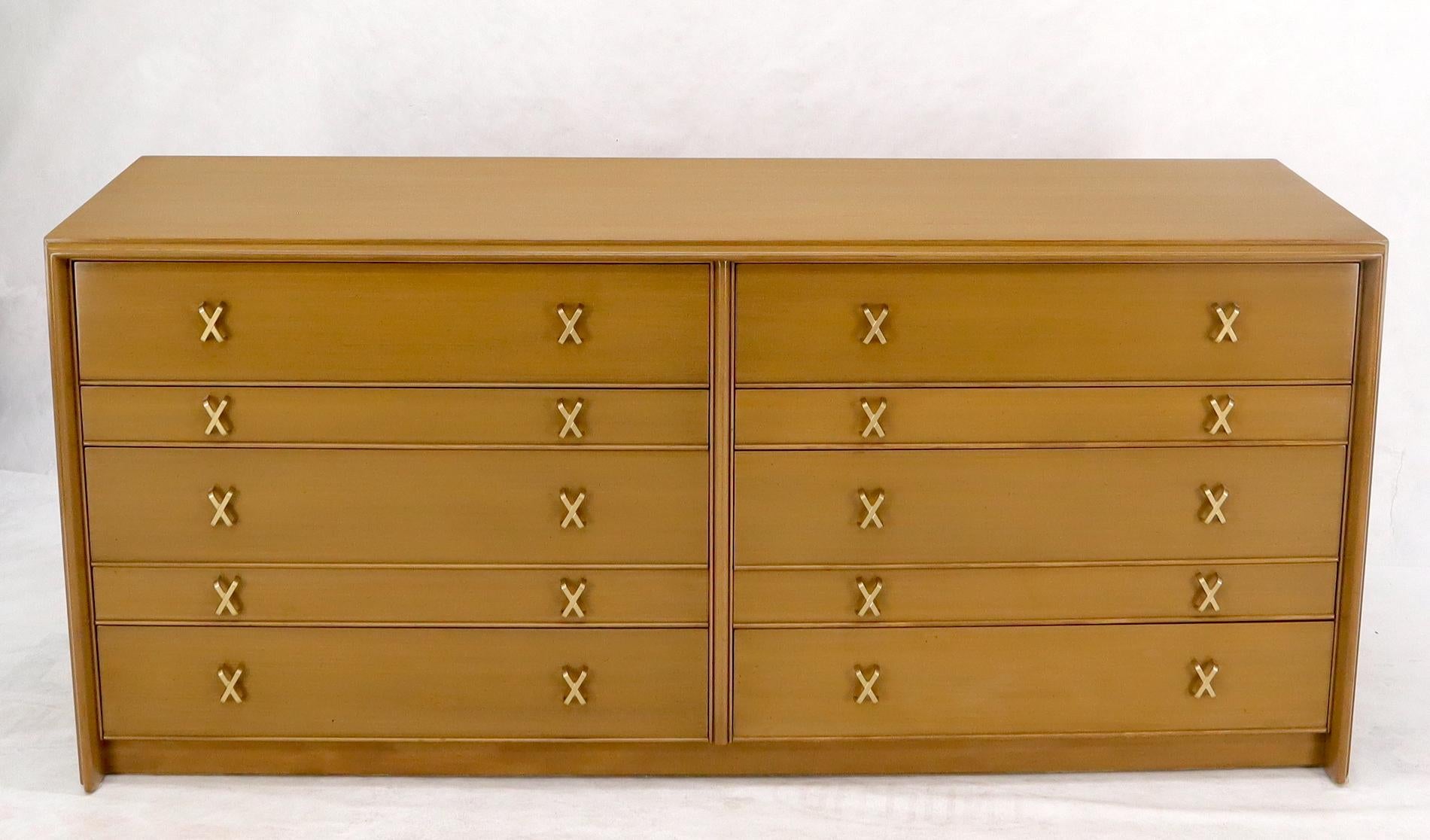 Mid-Century Modern tan walnut finish double dresser credenza by Paul Frankl for Johnson Furniture.