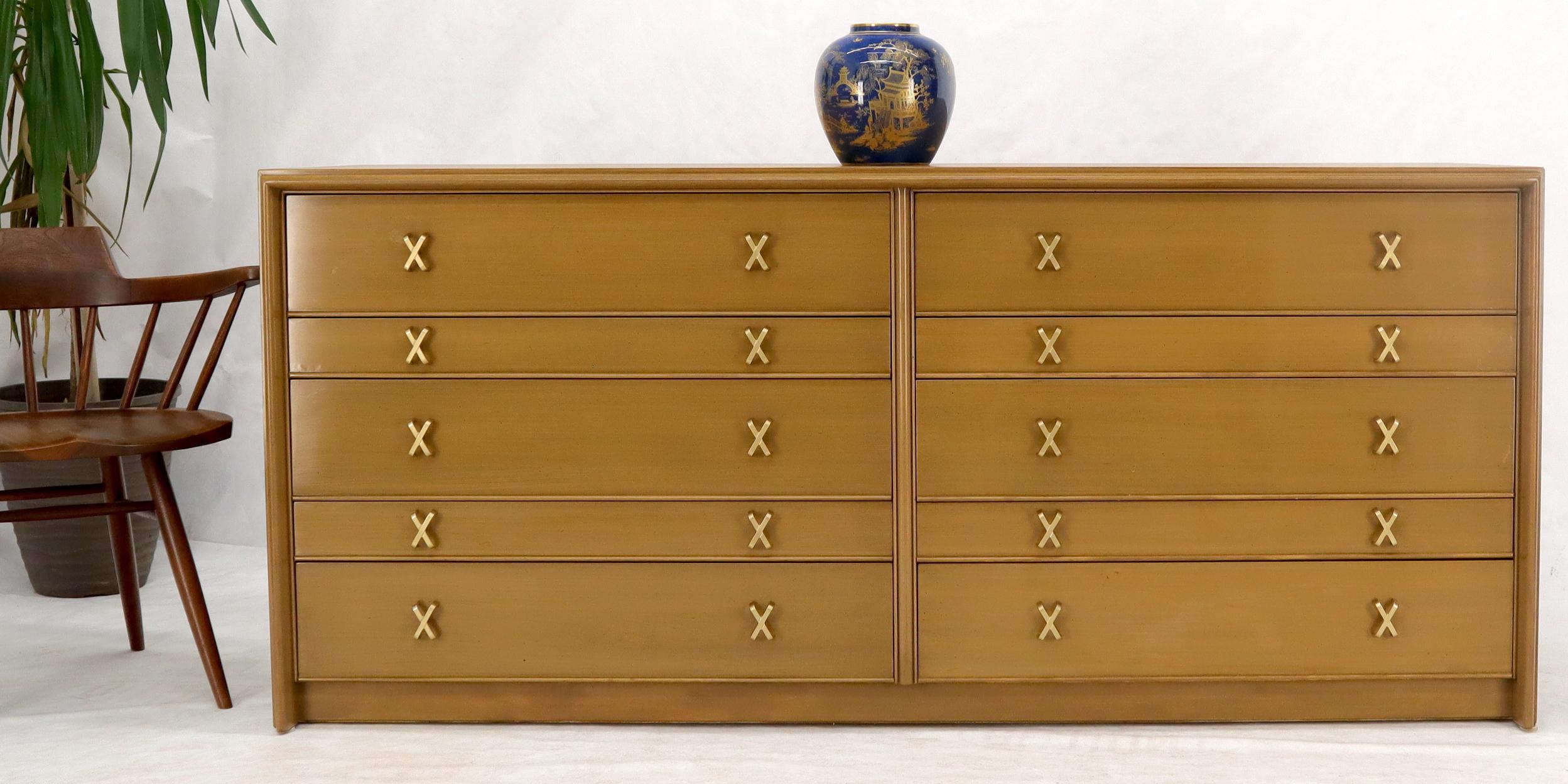 Paul Frankl for Johnson Furniture 10 Drawer Double Dresser Solid Brass X Pulls In Good Condition For Sale In Rockaway, NJ