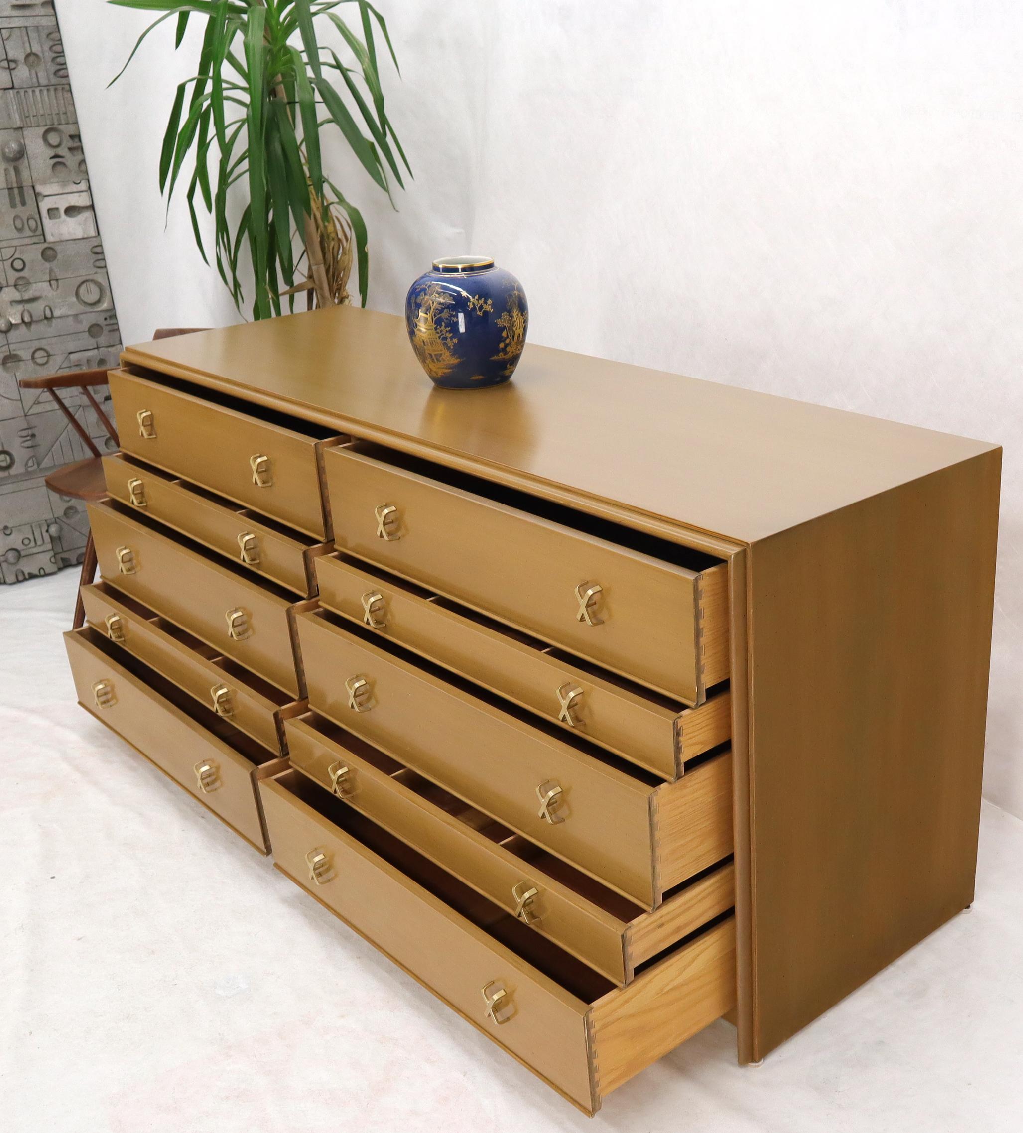 Walnut Paul Frankl for Johnson Furniture 10 Drawer Double Dresser Solid Brass X Pulls For Sale