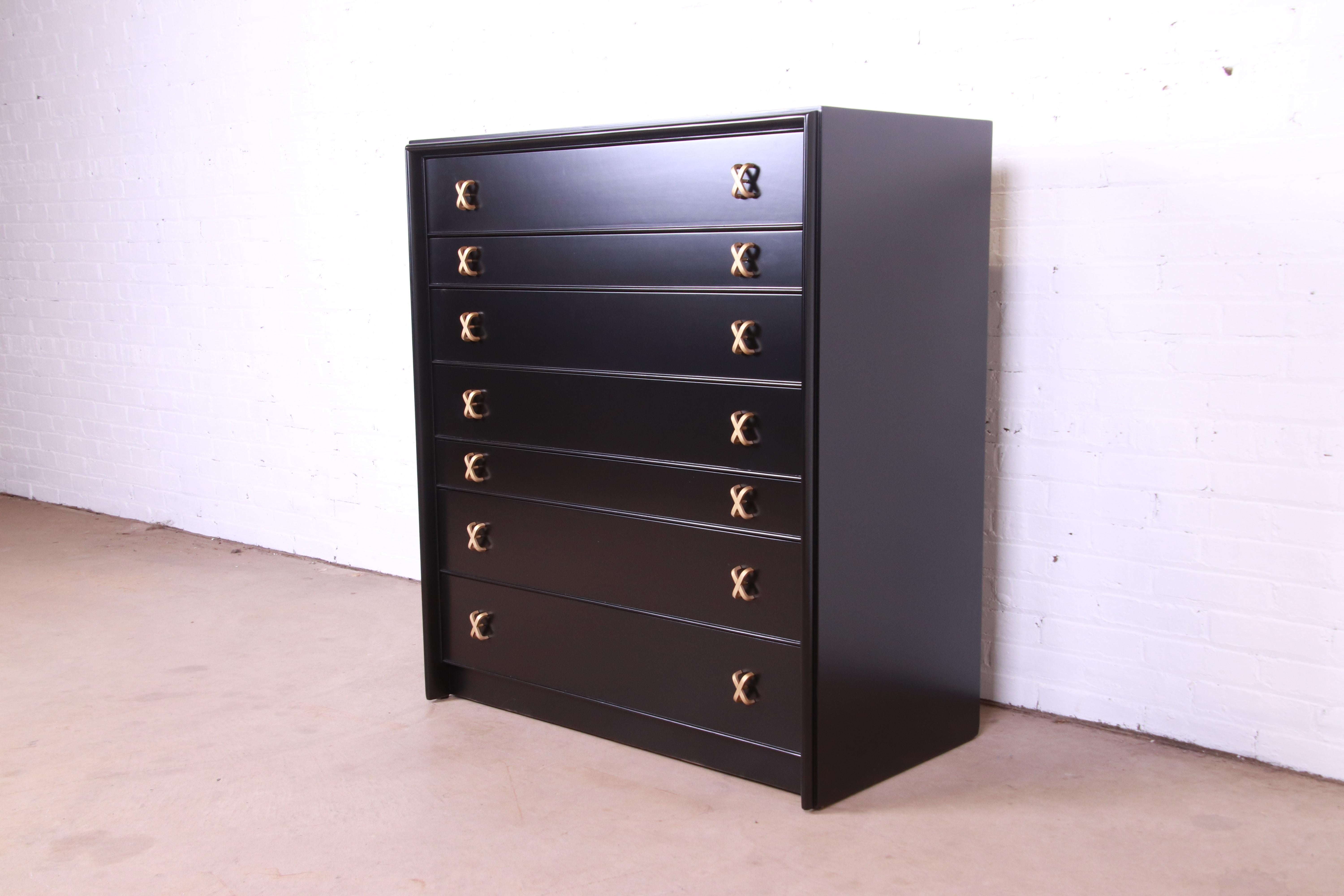 Mid-Century Modern Paul Frankl for Johnson Furniture Black Lacquered Highboy Dresser, Refinished
