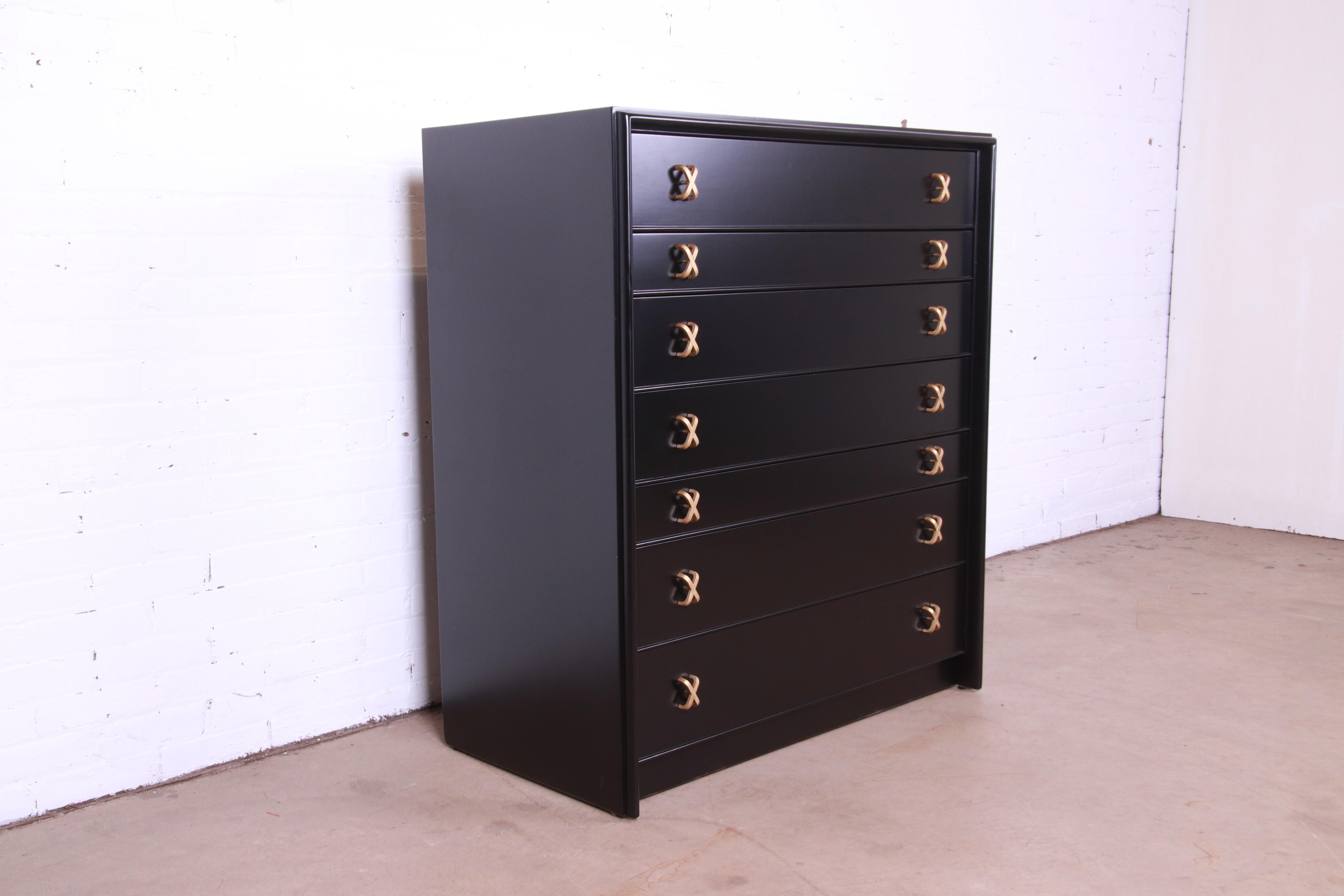 Paul Frankl for Johnson Furniture Black Lacquered Highboy Dresser, Refinished In Good Condition In South Bend, IN