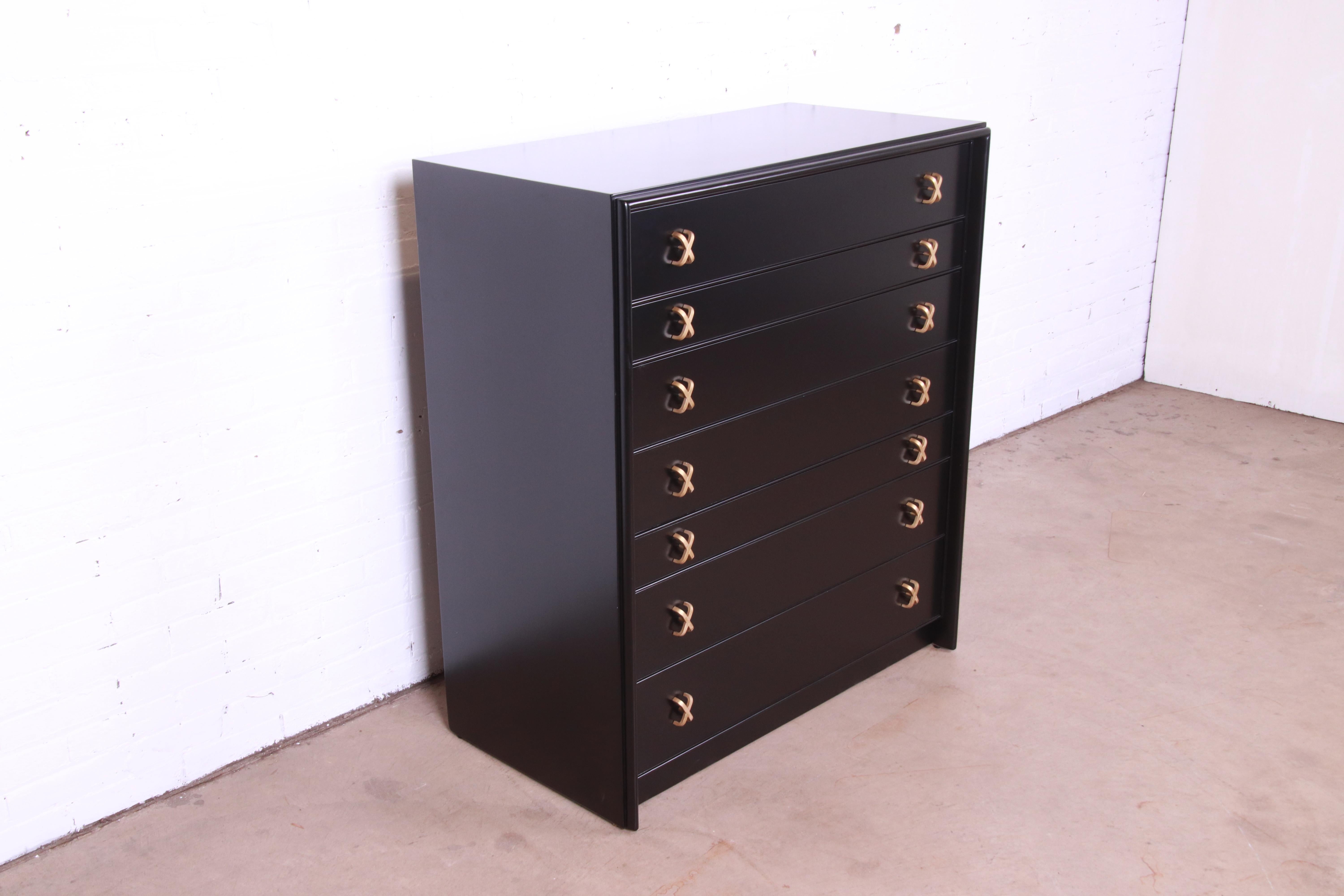 Mid-20th Century Paul Frankl for Johnson Furniture Black Lacquered Highboy Dresser, Refinished