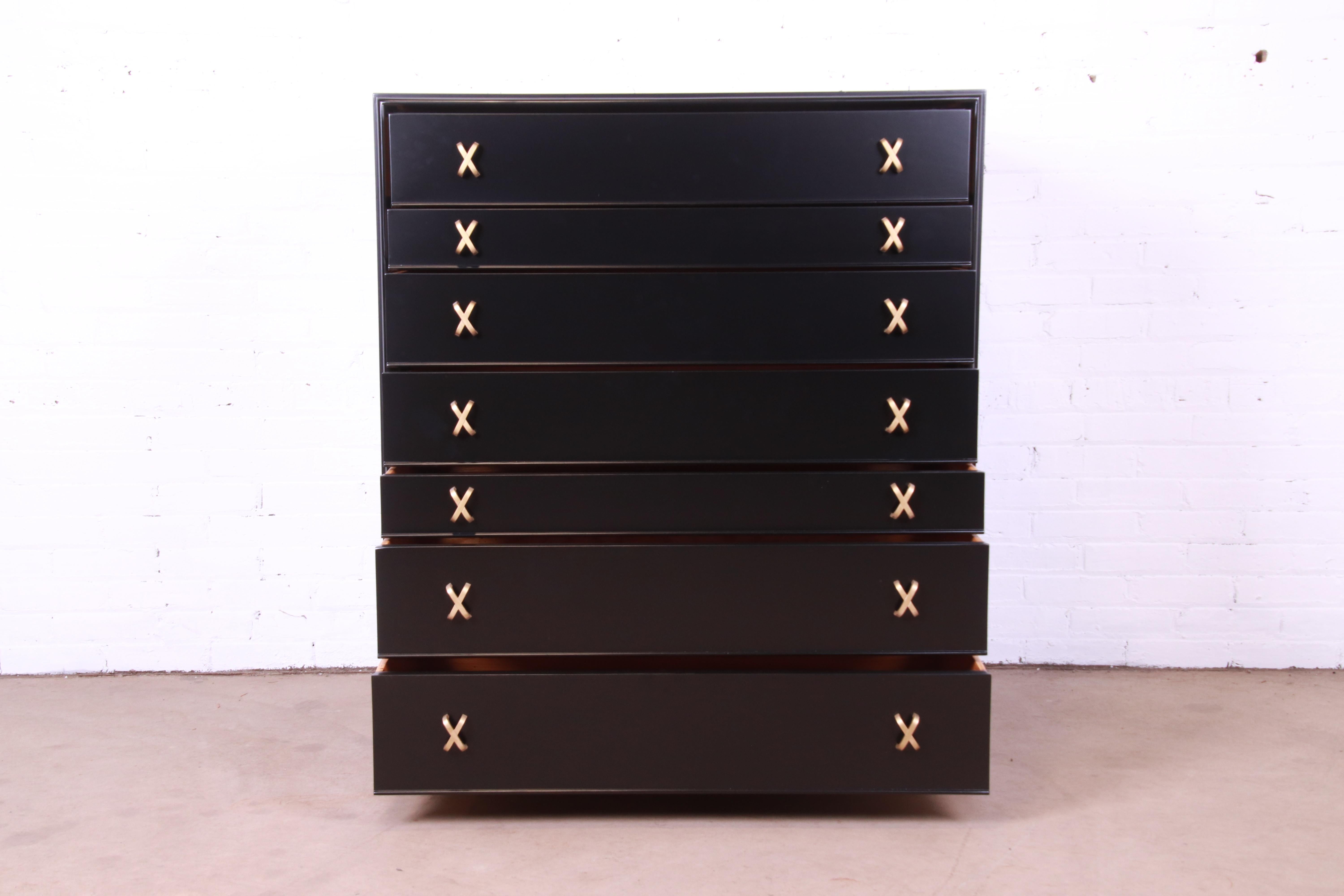 Brass Paul Frankl for Johnson Furniture Black Lacquered Highboy Dresser, Refinished