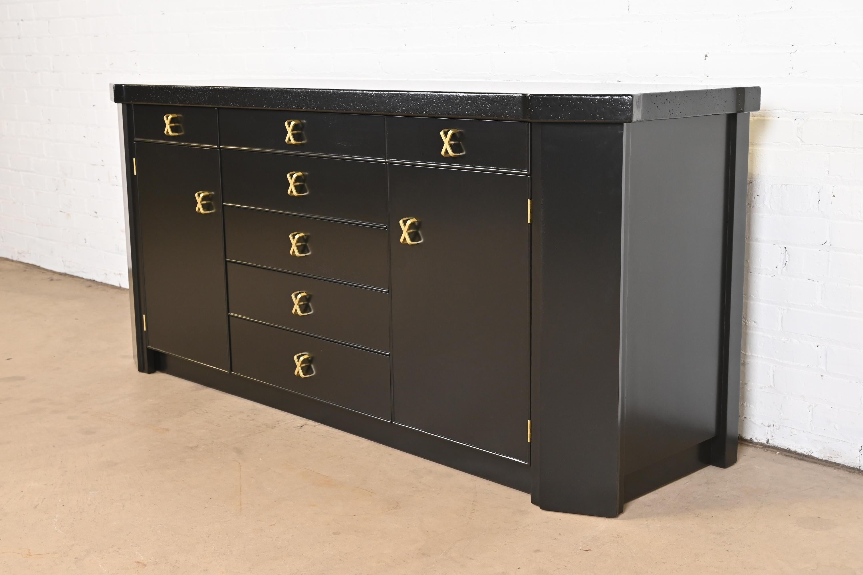 Mid-Century Modern Paul Frankl for Johnson Furniture Black Lacquered Mahogany Sideboard Credenza For Sale