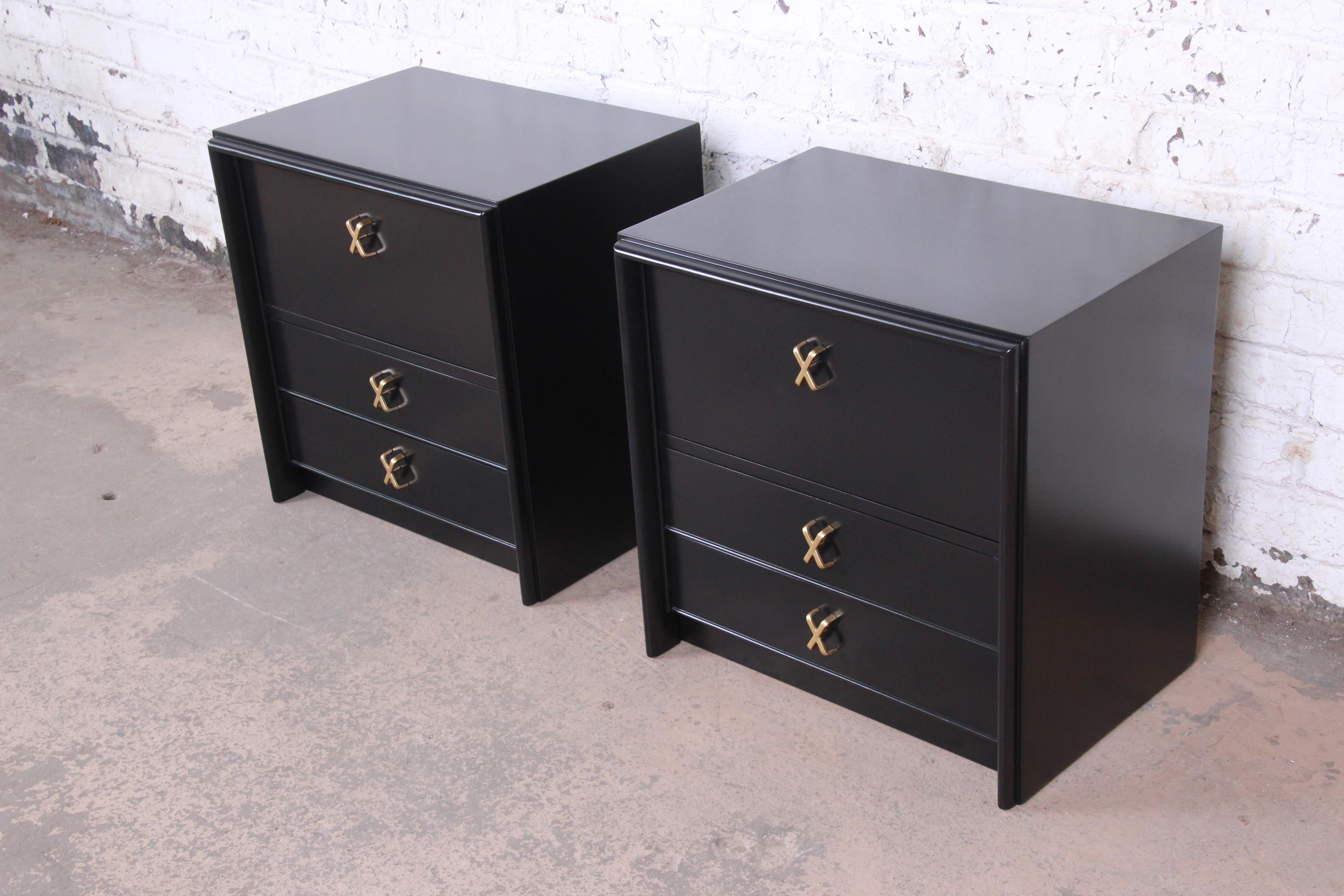 American Paul Frankl for Johnson Furniture Black Lacquered Nightstands, Newly Refinished