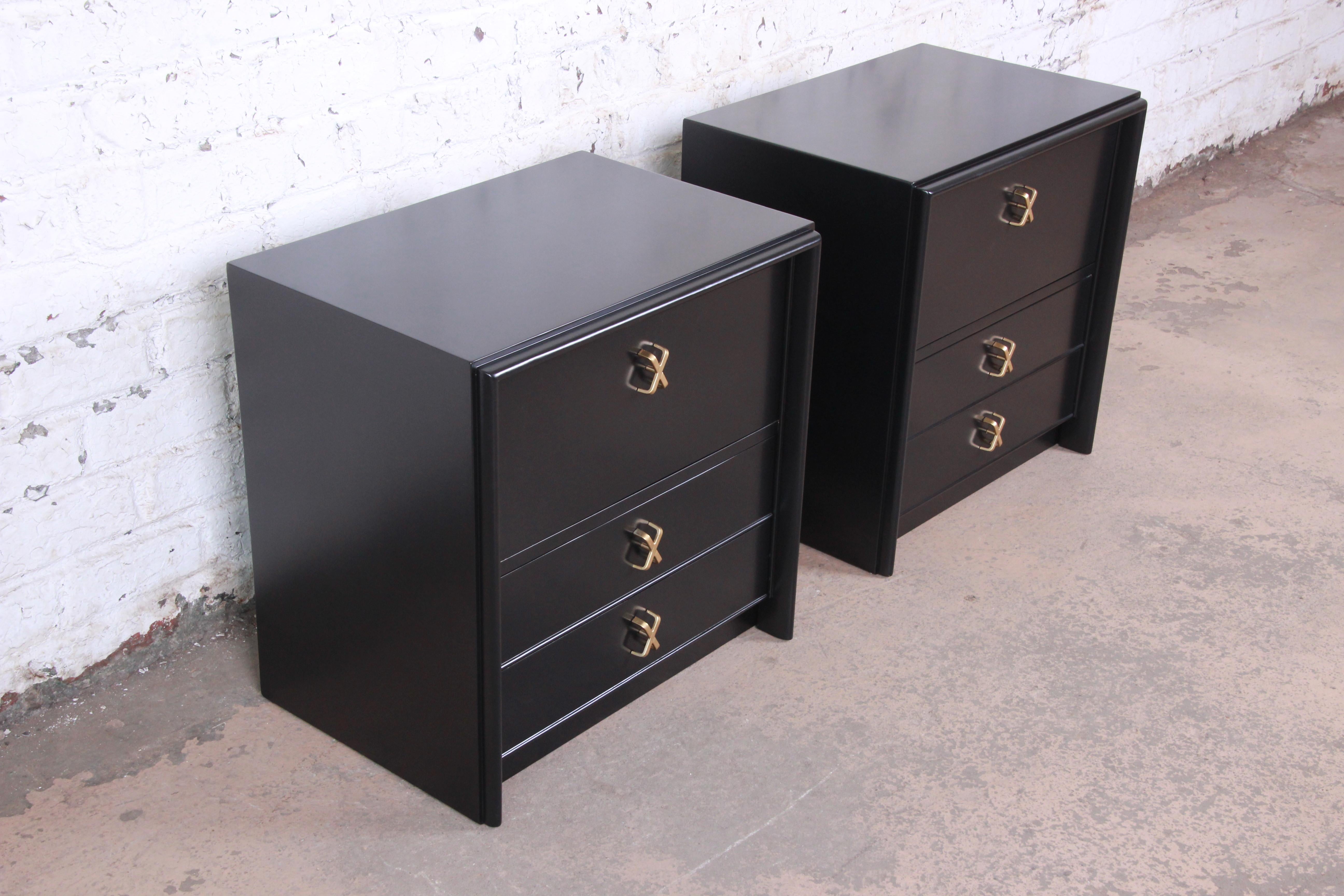 Paul Frankl for Johnson Furniture Black Lacquered Nightstands, Newly Refinished In Good Condition In South Bend, IN