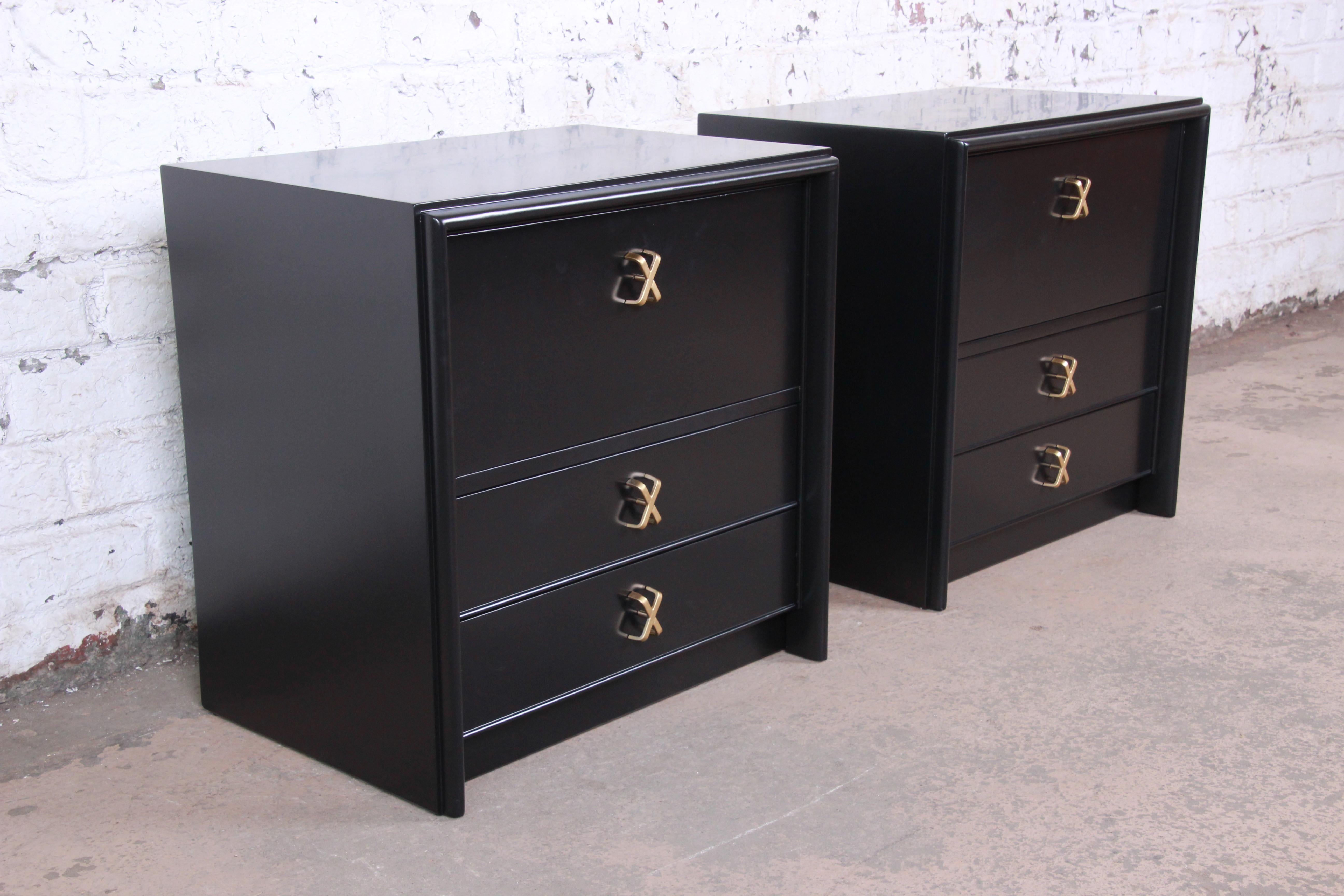 Mid-20th Century Paul Frankl for Johnson Furniture Black Lacquered Nightstands, Newly Refinished