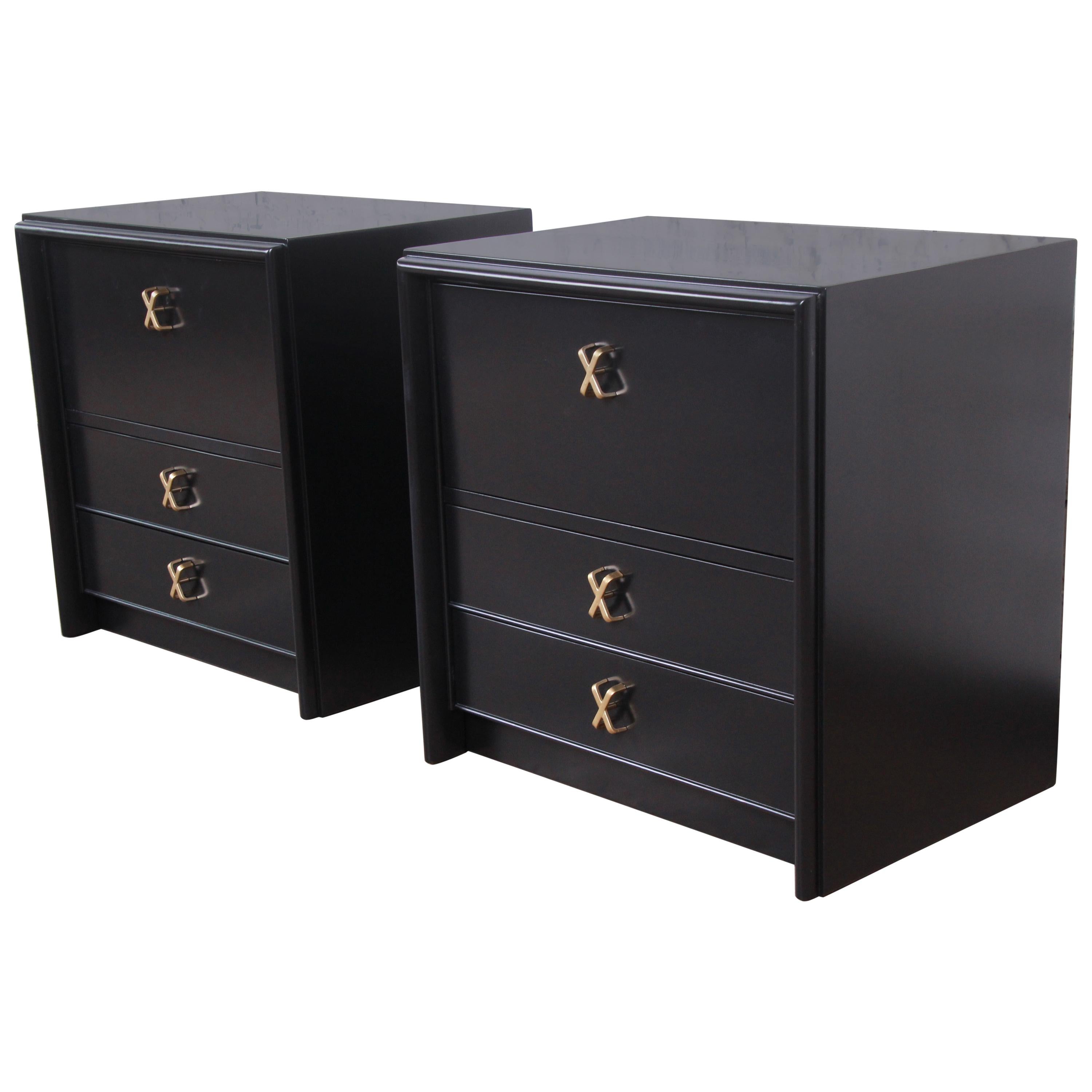 Paul Frankl for Johnson Furniture Black Lacquered Nightstands, Newly Refinished