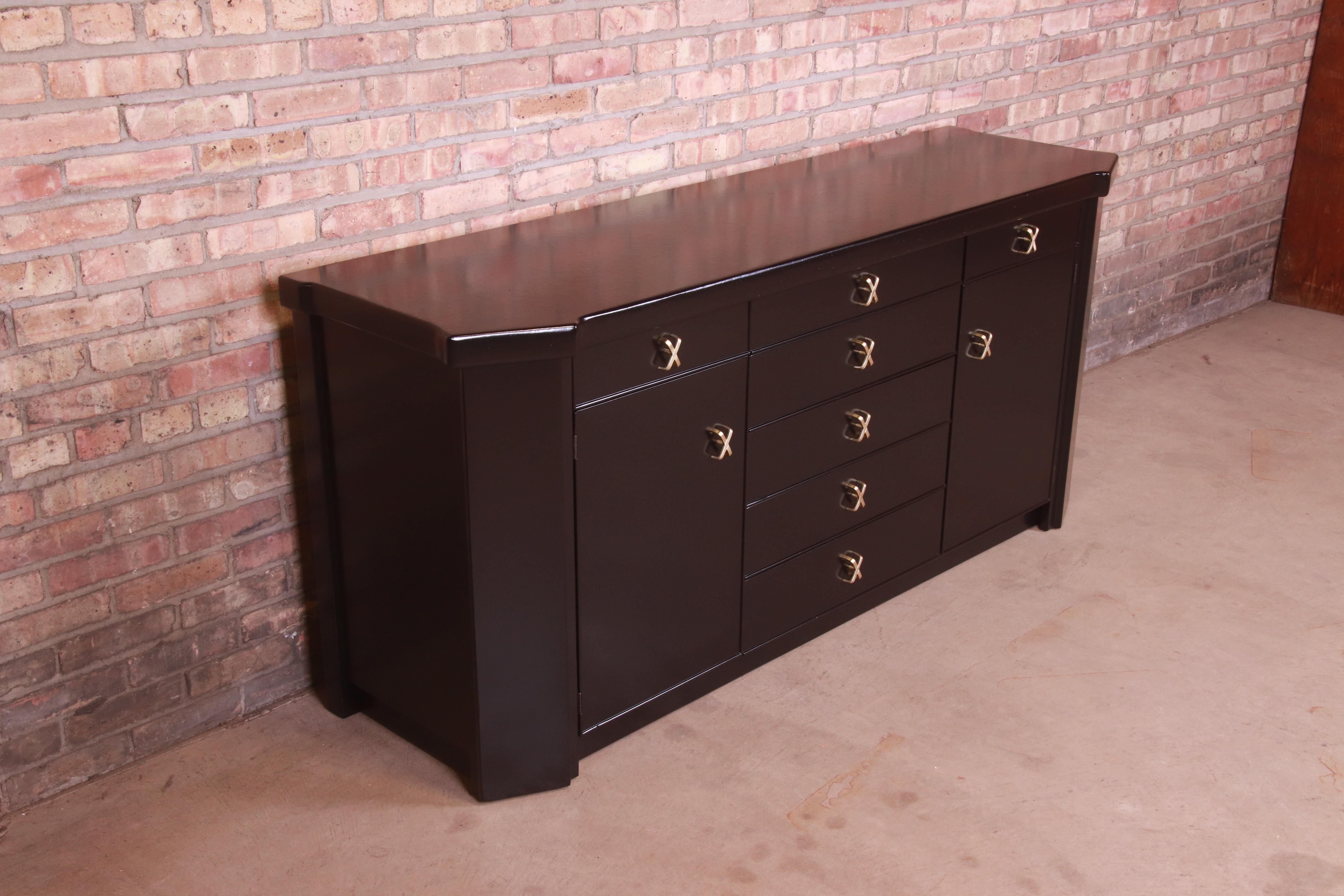 Brass Paul Frankl for Johnson Furniture Black Lacquered Sideboard, Newly Refinished