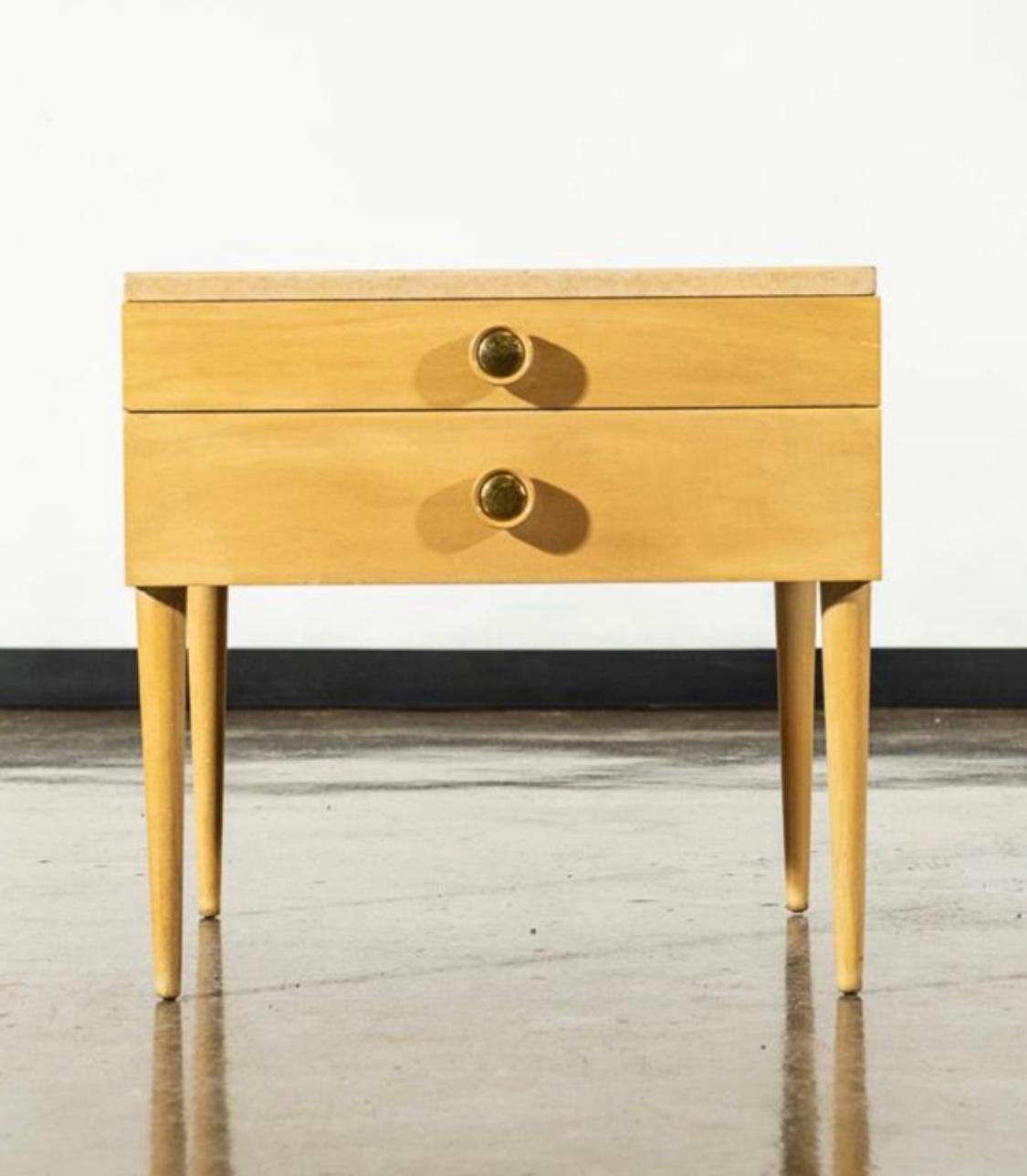 Lovey cork top and birch side table or nightstand designed by Paul Frankl for Johnson Furniture Company. Elegant and simple lines with handsome details. Gorgeous drawer pulls and unusual cork top.