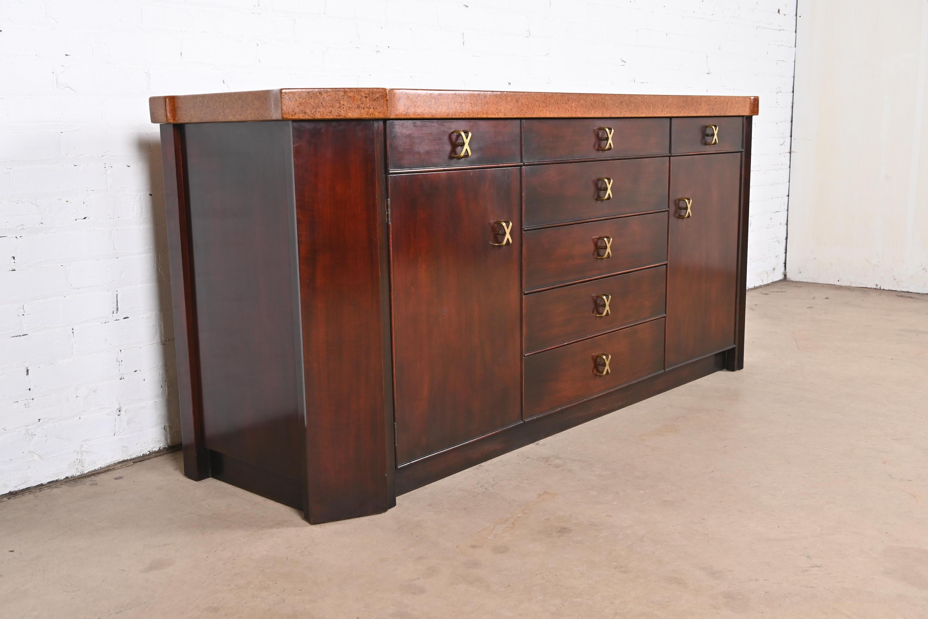 Brass Paul Frankl for Johnson Furniture Mahogany Sideboard or Bar Cabinet, 1950s For Sale
