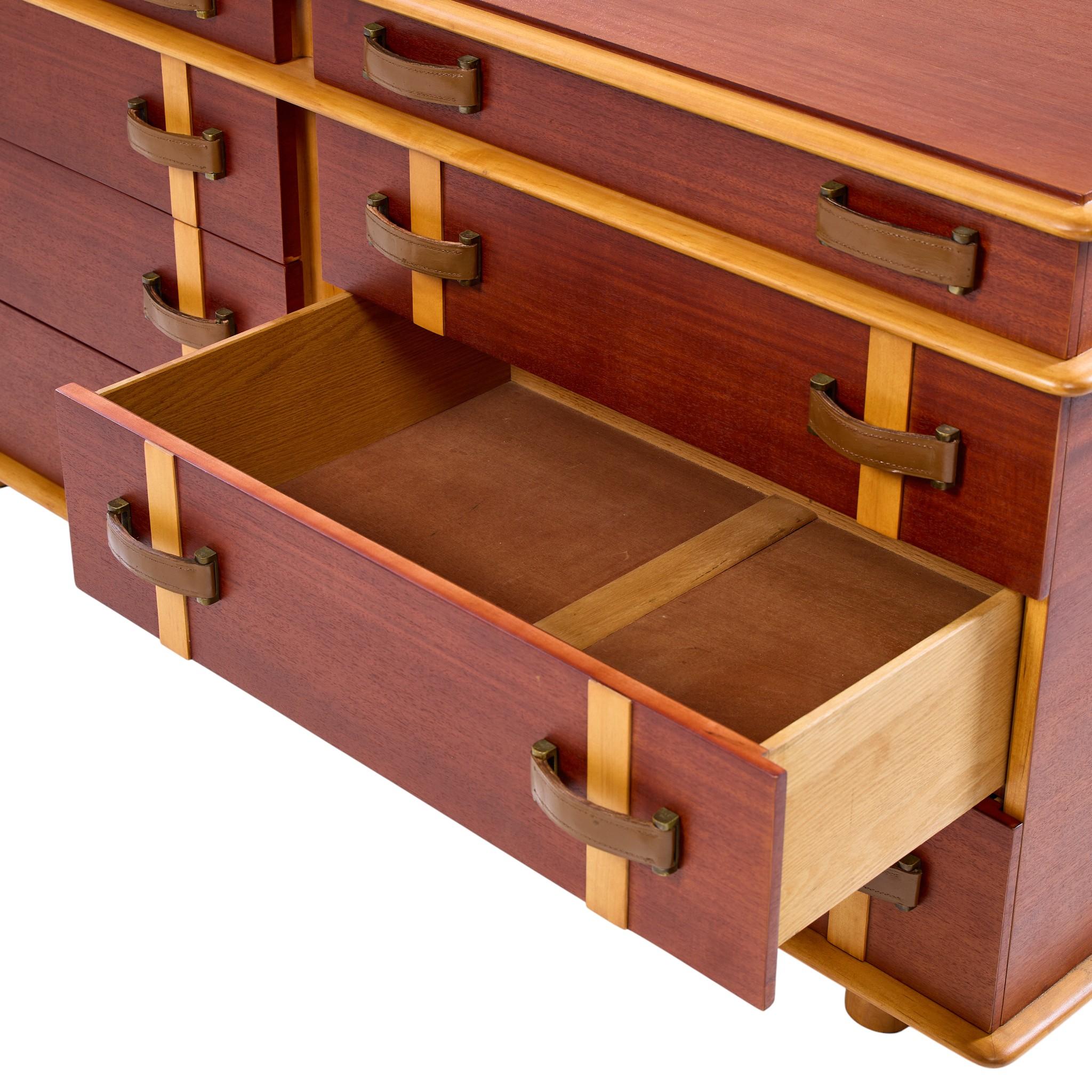 Fin du 20e siècle Paul Frankl for Johnson Furniture Commode Station Wagon en cuir, bouleau et érable MCM en vente