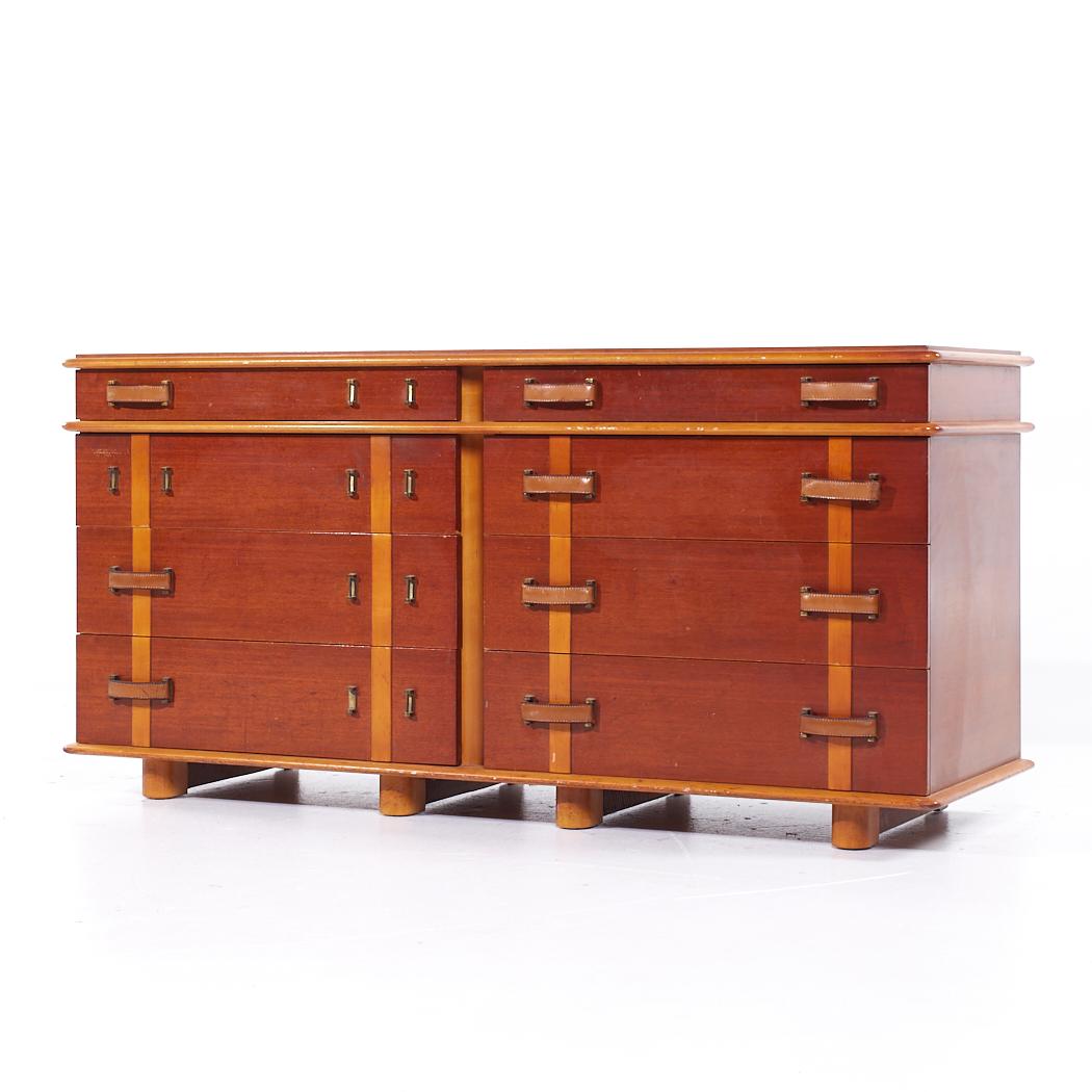 Mid-Century Modern Paul Frankl for Johnson Furniture MCM Leather Birch Maple Station Wagon Dresser For Sale