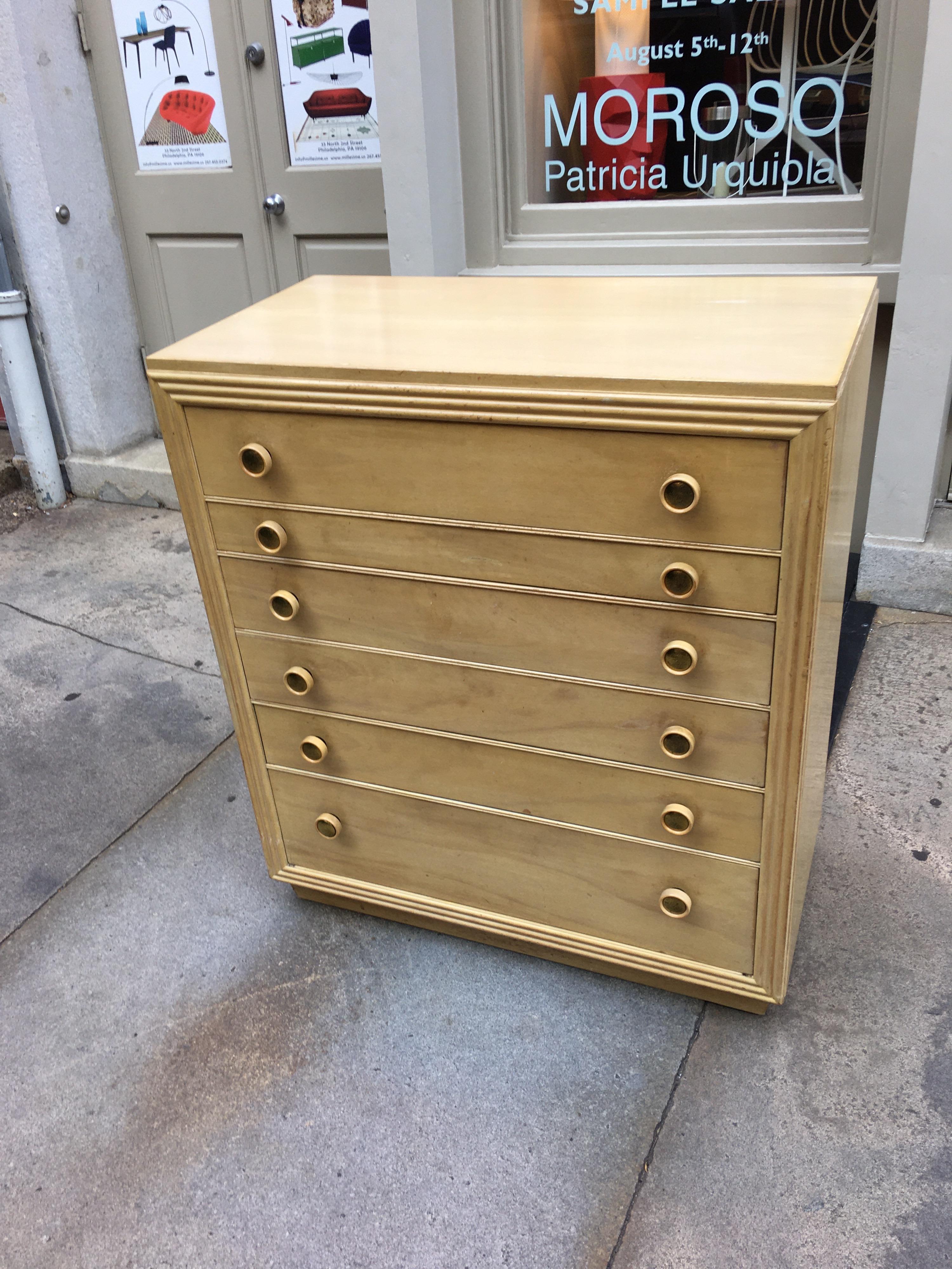 Paul Frankl for Johnson Furniture 6-drawer tall dresser. Original as found condition. No veneer damage, all drawers work well. Re-finish as you like! We can help with refinishing.