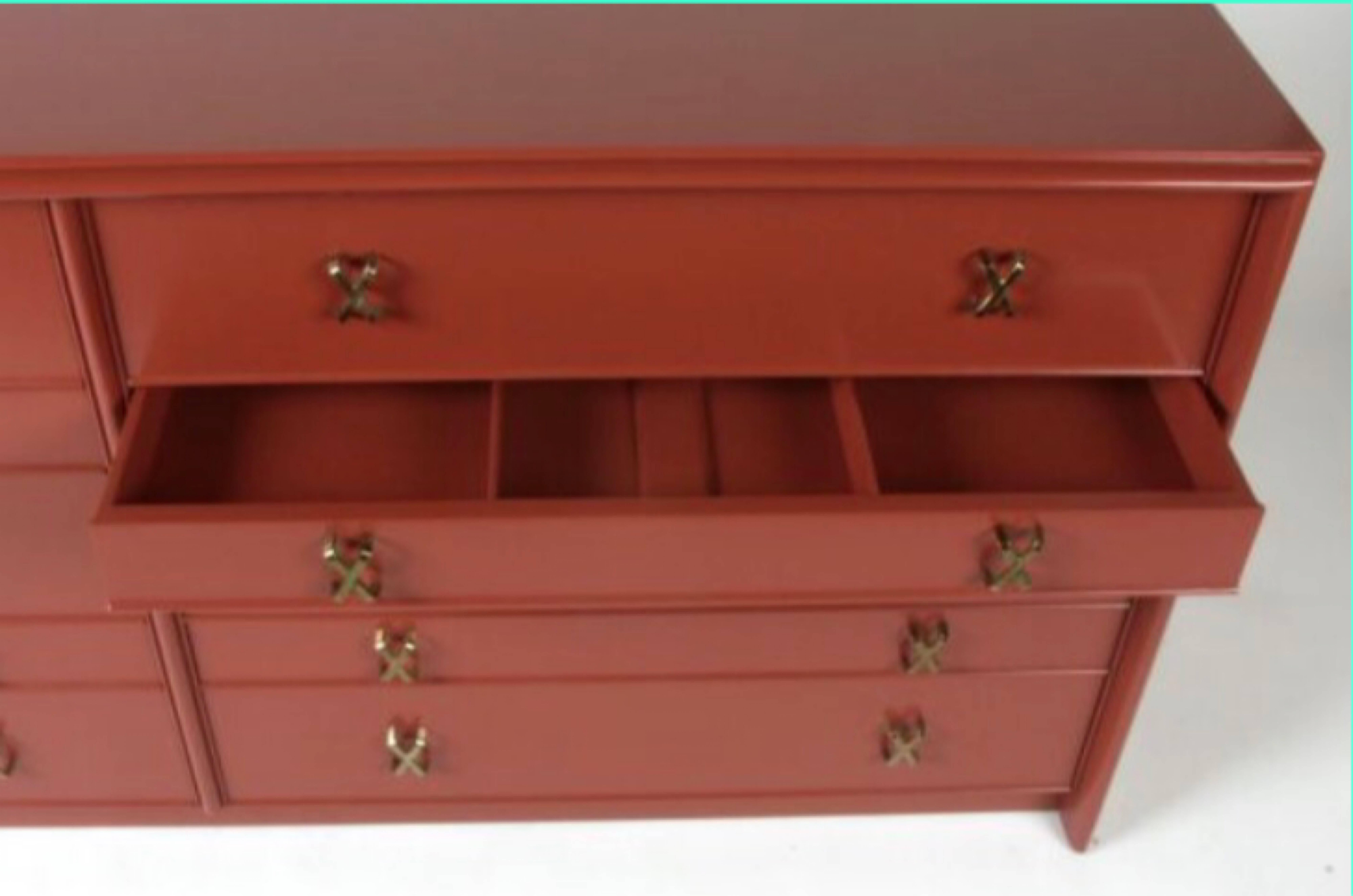 Mid-Century Modern Paul Frankl for Johnson Furniture Ten-Drawer Double Dresser Brass X Pulls