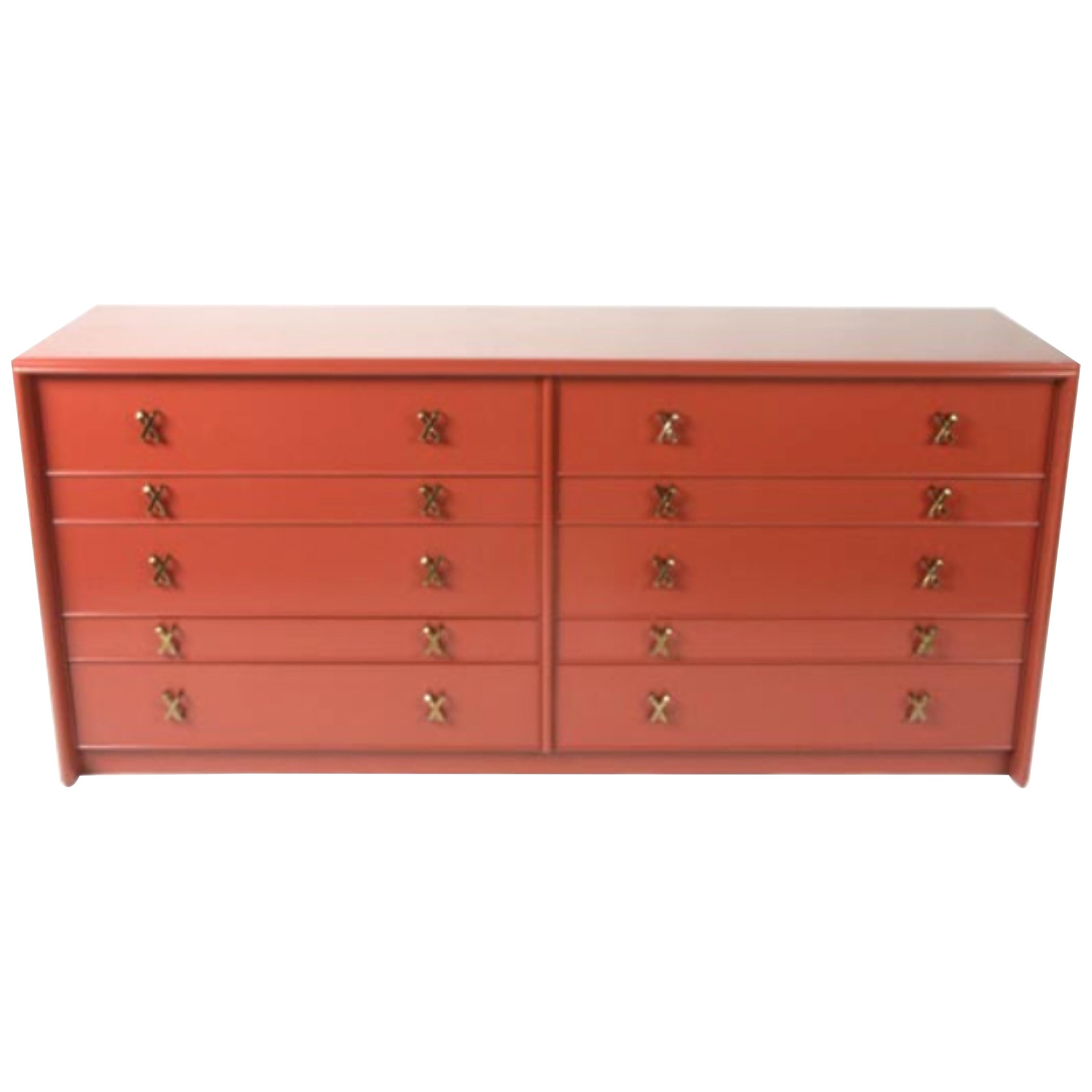 Paul Frankl for Johnson Furniture Ten-Drawer Double Dresser Brass X Pulls
