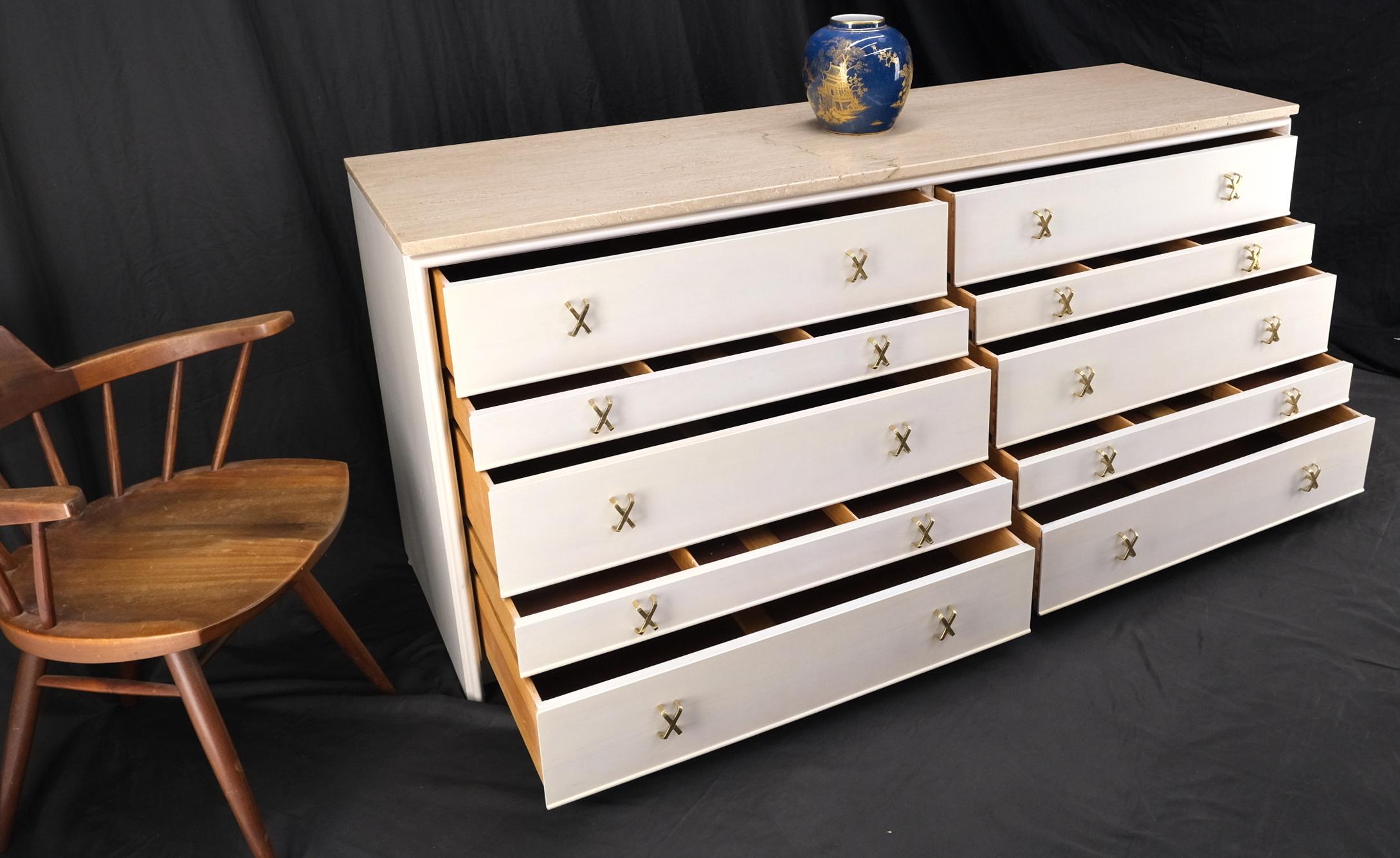 Paul Frankl for Johnson White Wash Marble Top 10 Drawers Dresser Brass x Pulls For Sale 3