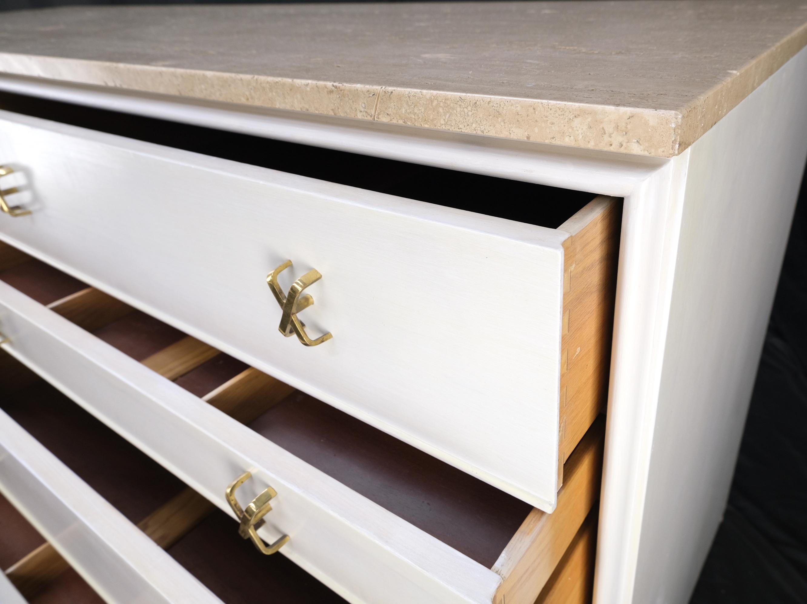 Paul Frankl pour Johnson White Wash Marble Top 10 Drawers Dresser Brass x Pulls en vente 4