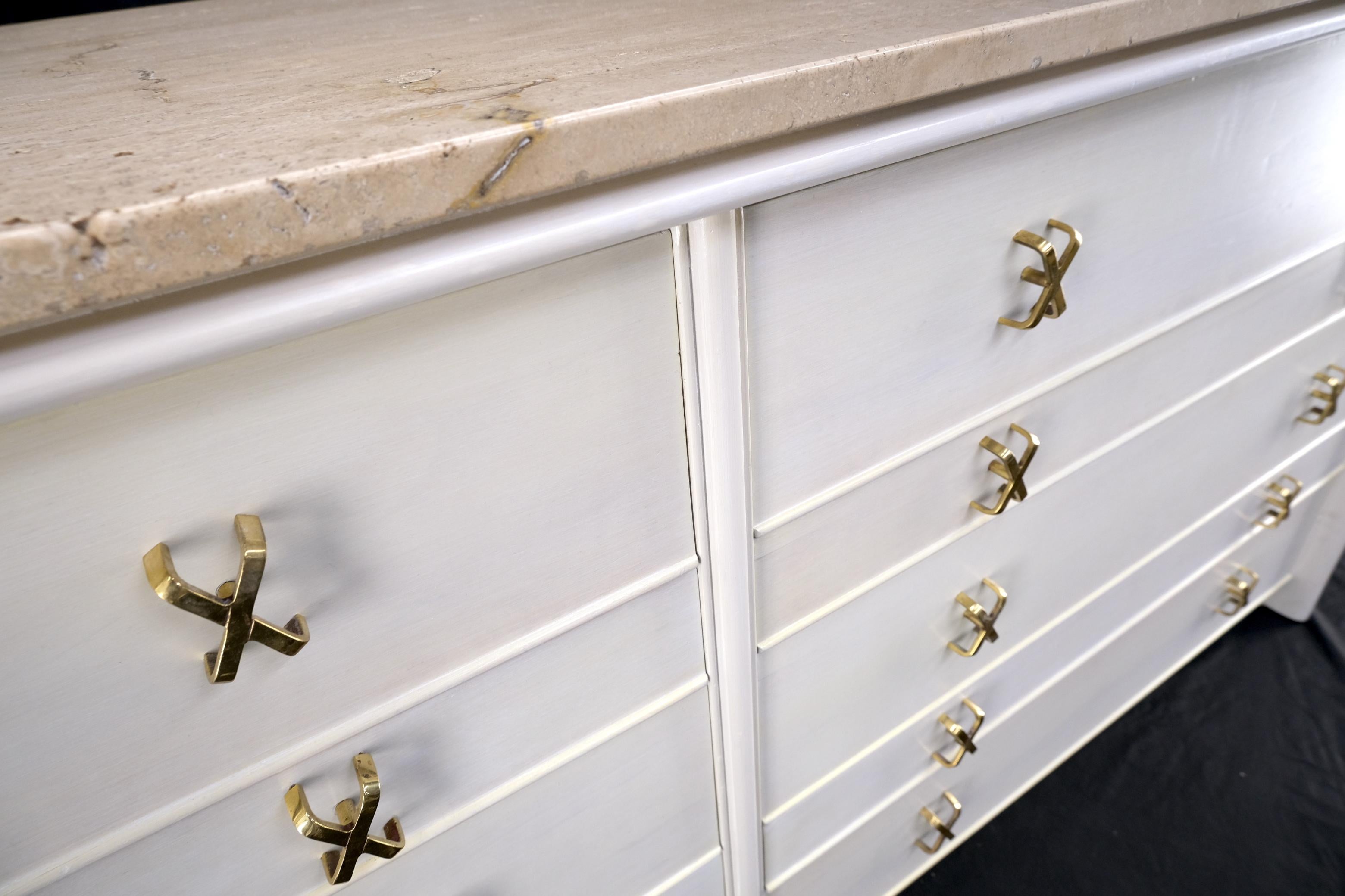 Paul Frankl pour Johnson White Wash Marble Top 10 Drawers Dresser Brass x Pulls en vente 8
