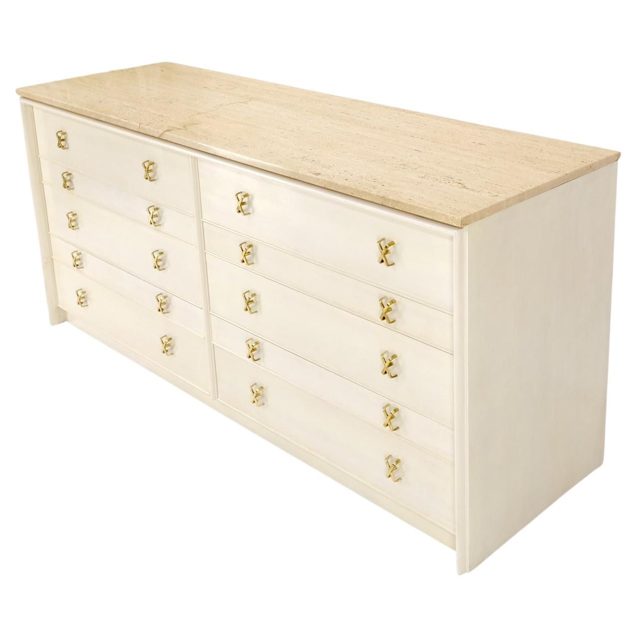 Mid-Century Modern Paul Frankl for Johnson White Wash Marble Top 10 Drawers Dresser Brass x Pulls For Sale