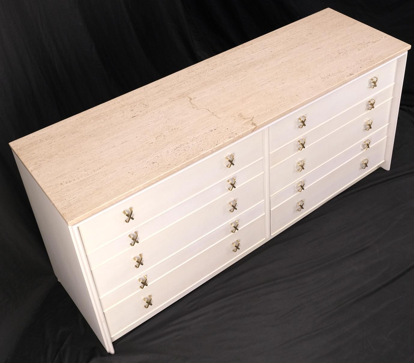 Lacquered Paul Frankl for Johnson White Wash Marble Top 10 Drawers Dresser Brass x Pulls For Sale