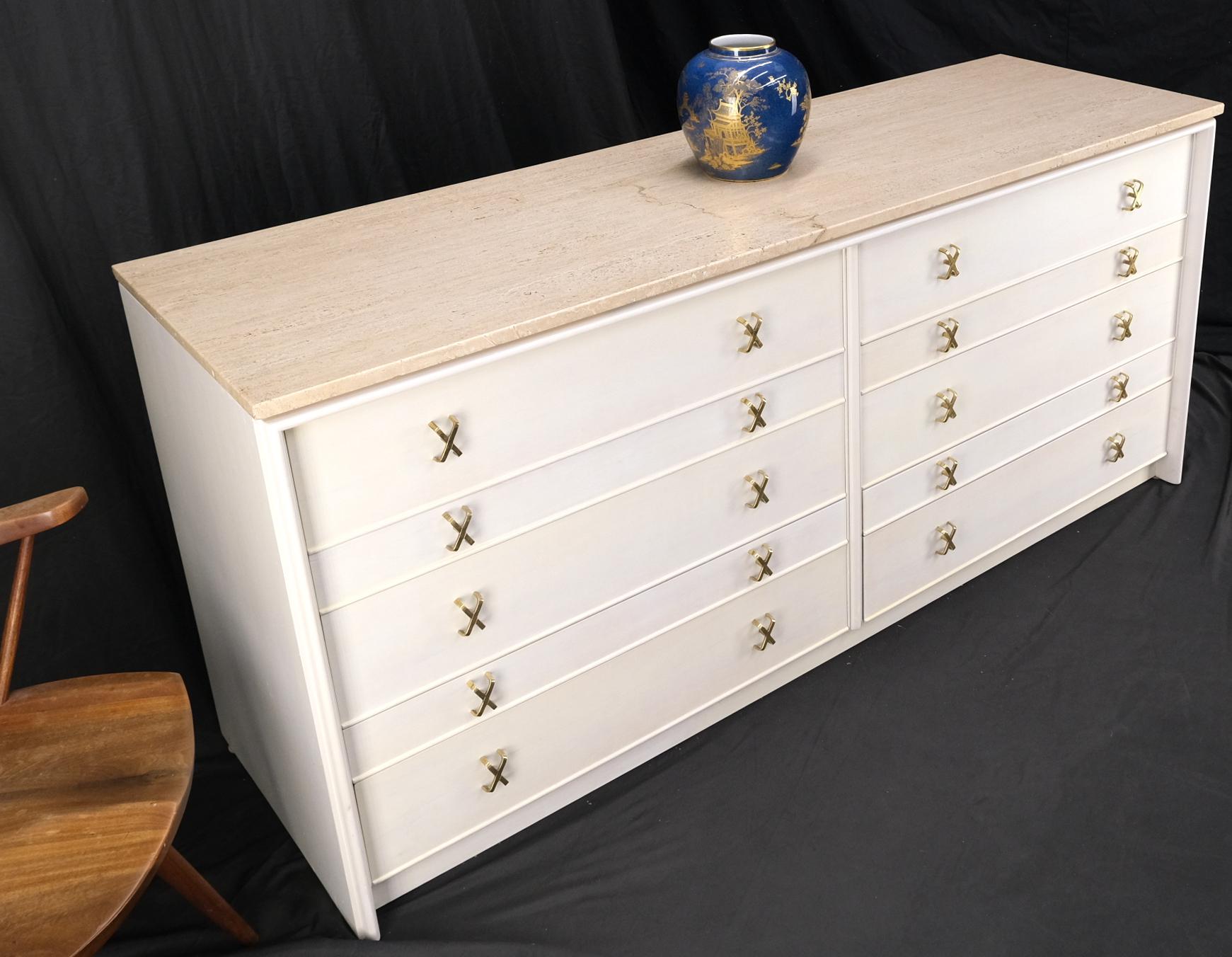 20th Century Paul Frankl for Johnson White Wash Marble Top 10 Drawers Dresser Brass x Pulls For Sale