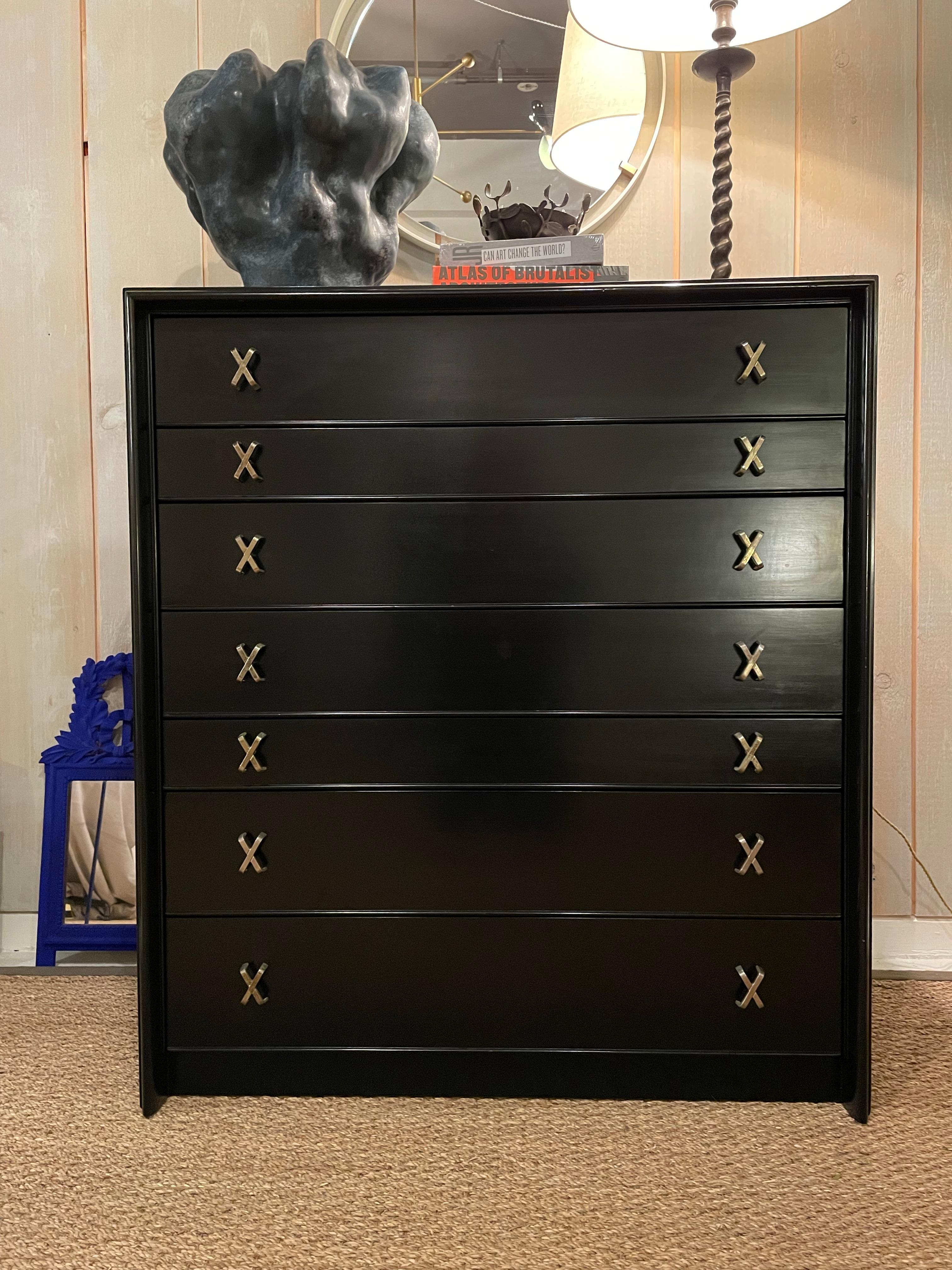 Timeless & elegant mid-century gentleman's high chest dresser designed by Paul Frankl for the Johnson Furniture Company, circa 1950. Beautifully proportioned dresser with alternating drawer heights. The X pulls are in a nickel finish that are