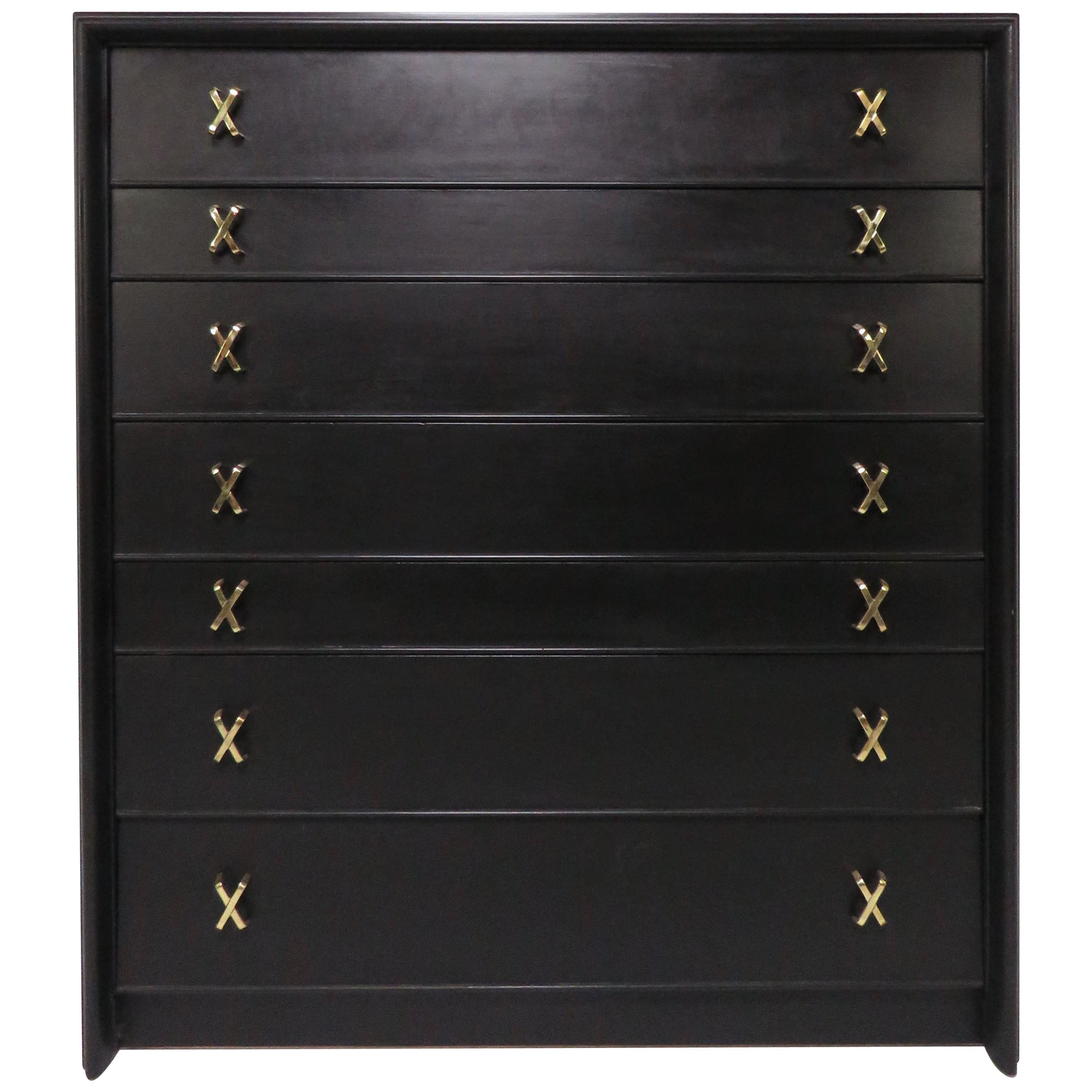 Paul Frankl High Boy Dresser with Brass X-Pulls for Johnson Furniture circa 1950