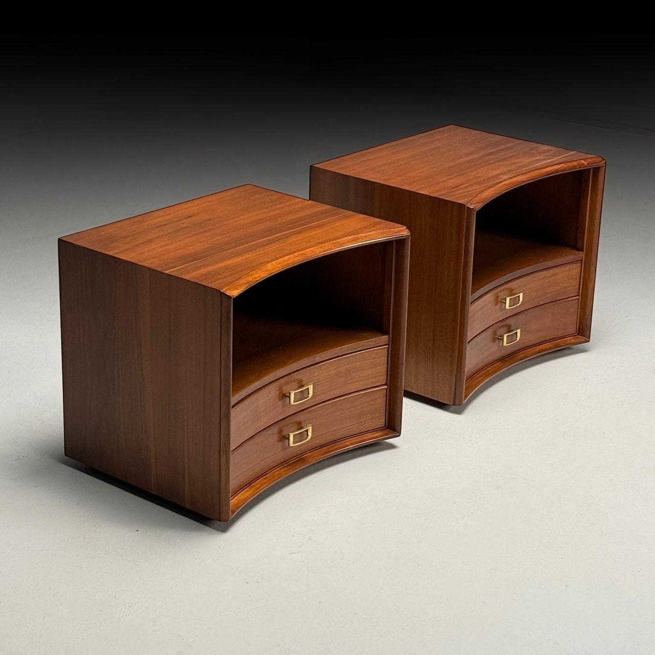 American Paul Frankl, John Stuart, Mid-Century Modern, Concave Nightstands, Walnut, 1950s