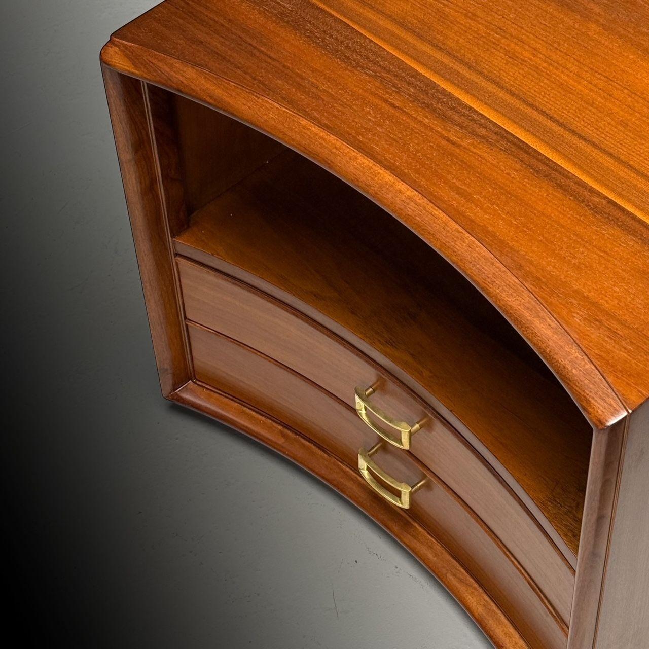 Mid-20th Century Paul Frankl, John Stuart, Mid-Century Modern, Concave Nightstands, Walnut, 1950s