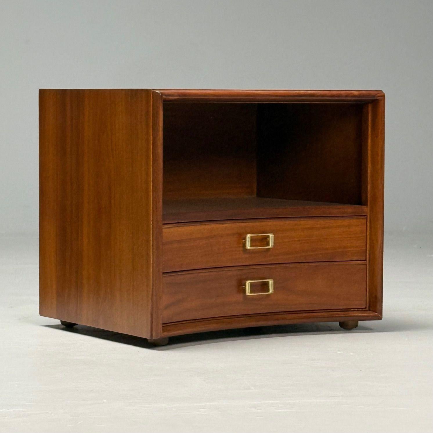 Brass Paul Frankl, John Stuart, Mid-Century Modern, Concave Nightstands, Walnut, 1950s