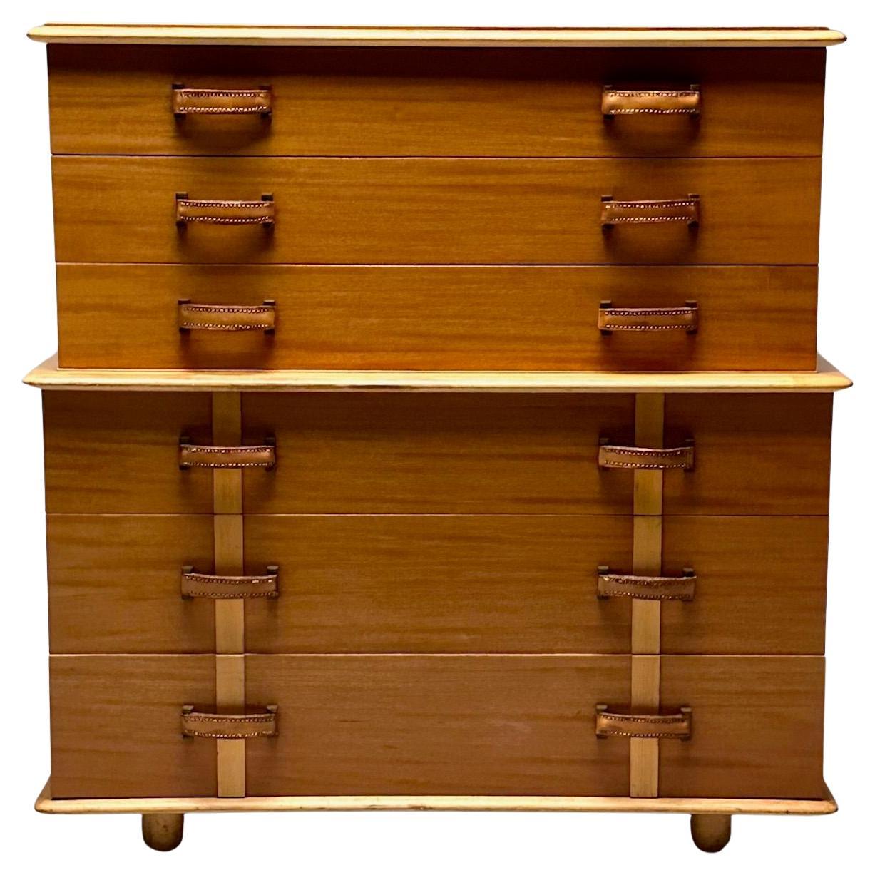 Paul Frankl, John Stuart, Station Wagon High Dresser, Rock Maple, Brass, Leather For Sale