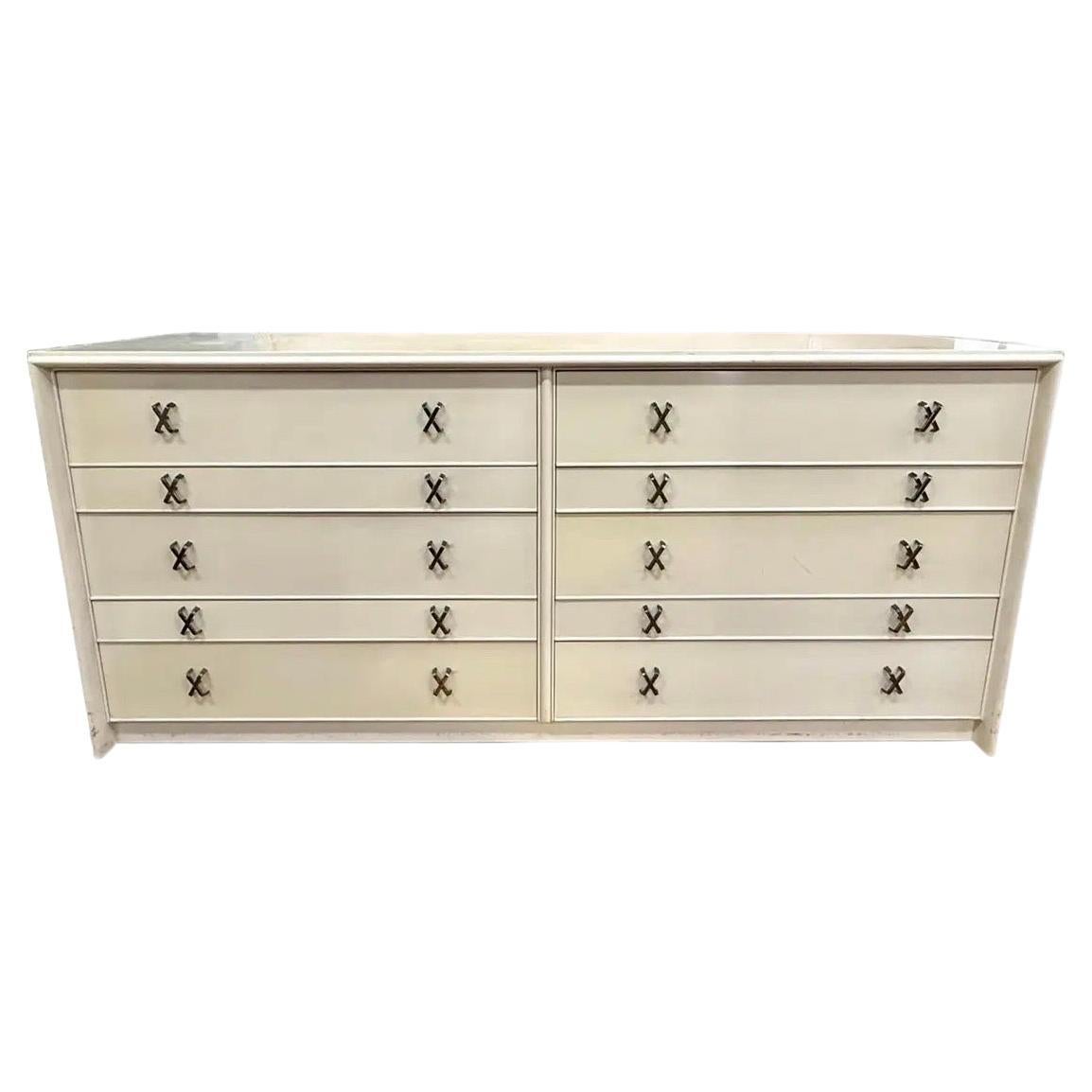 Paul Frankl Johnson Furniture Ivory Lacquer 10 Drawer Dresser X-Pull Hardware