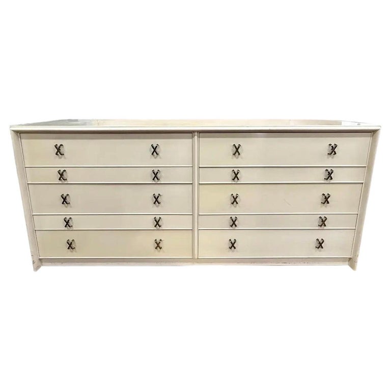 Paul Frankl Johnson Furniture Ivory Lacquer 10 Drawer Dresser X-Pull  Hardware For Sale at 1stDibs