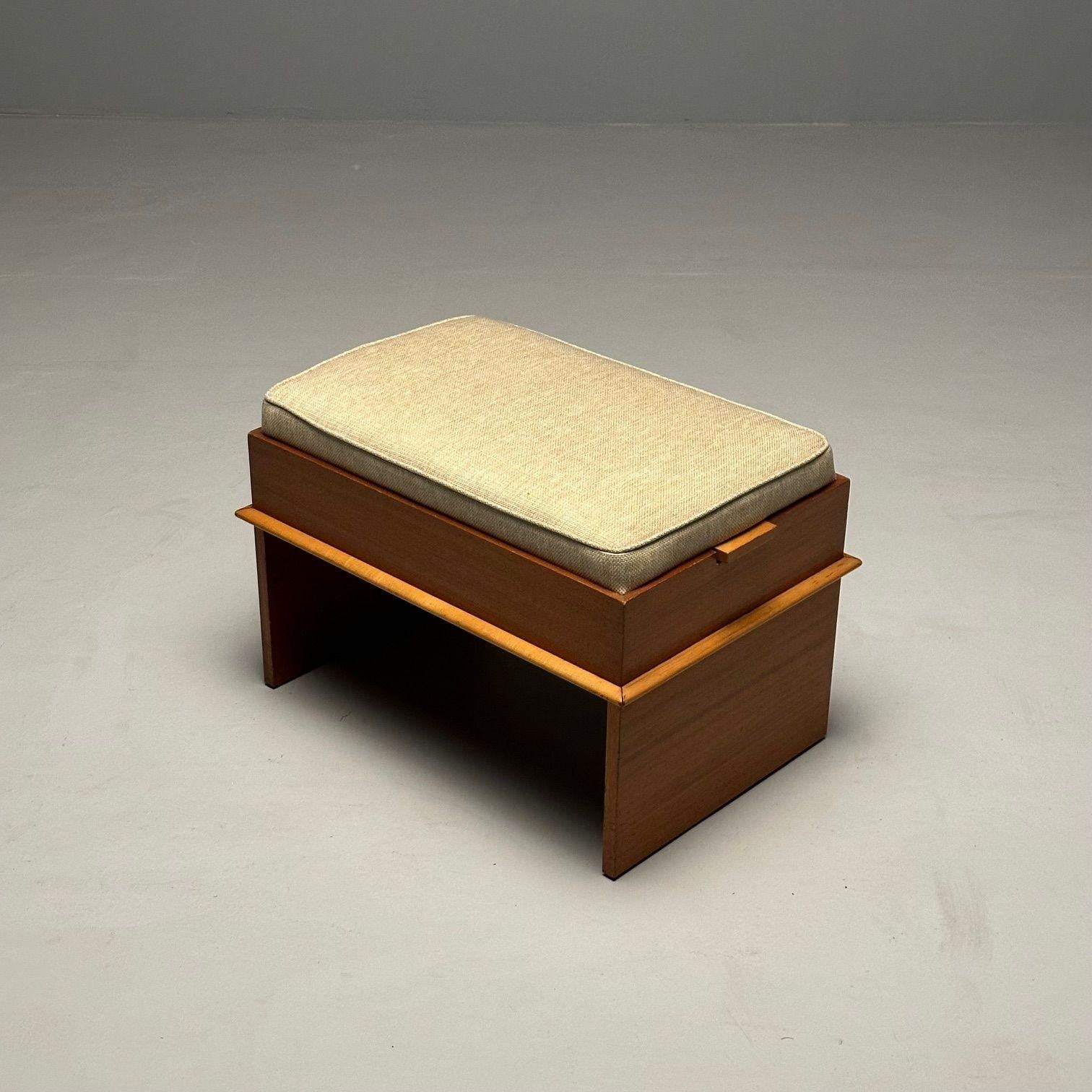 Rare Mid-Century Modern Paul Frankl / John Stuart Storage Ottoman, Footstool

Paul Frankl for Johnson Furniture Co. and retailed by John Stuart. Branded Johnson Furniture Co. and labeled Johnson Furniture Co. to on the underside of the bench.