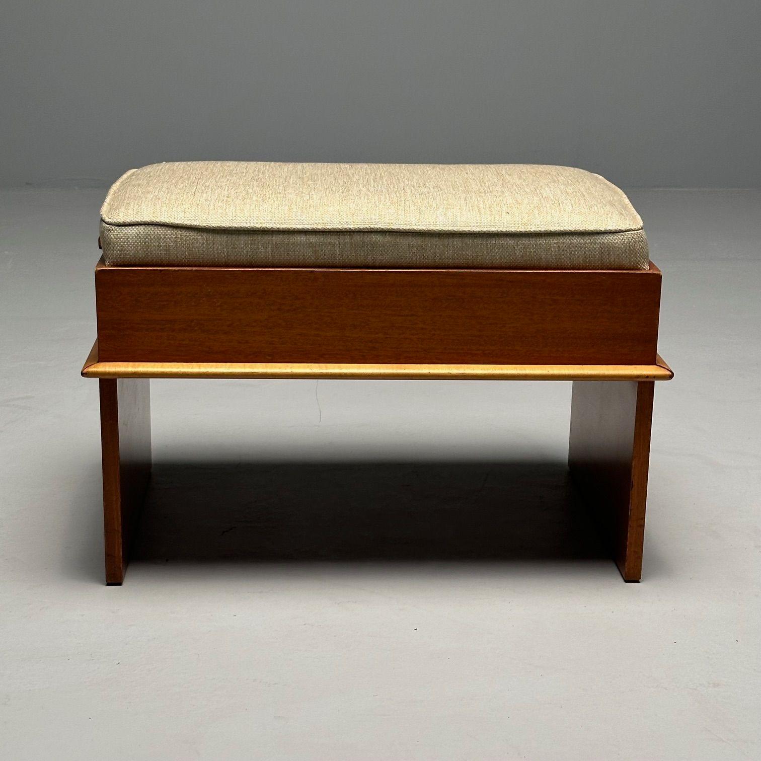 Mid-20th Century Paul Frankl, Johnson Furniture, Station Wagon Bench, Rock Maple, Fabric, 1950s For Sale