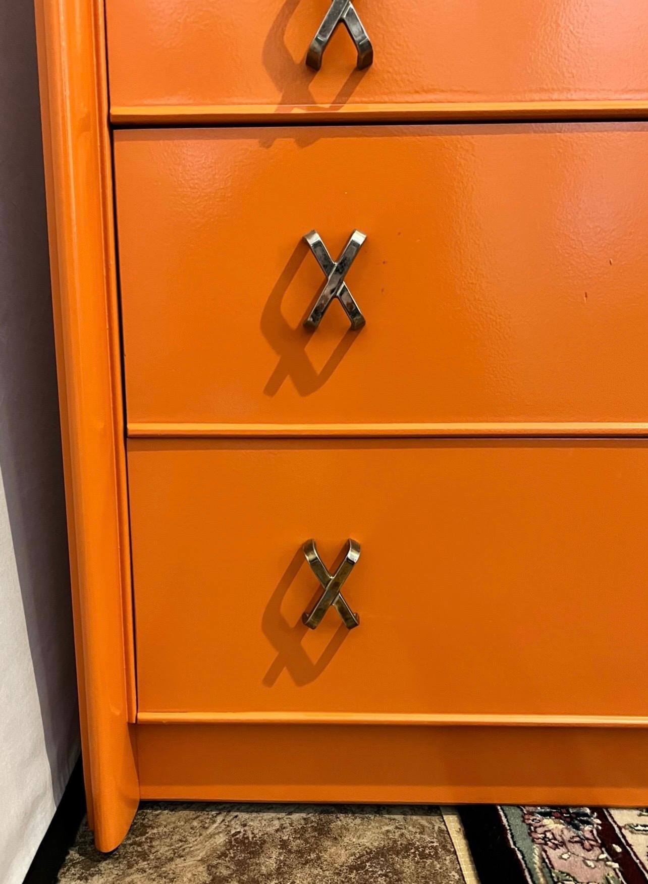 American Paul Frankl Johnson Furniture Tall Dresser High Chest Drawers in Hermes Orange