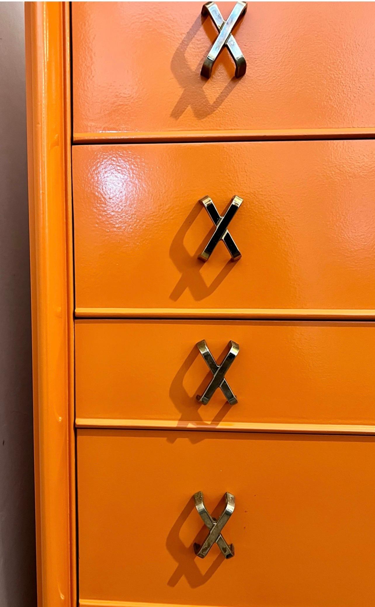 Paul Frankl Johnson Furniture Tall Dresser High Chest Drawers in Hermes Orange In Excellent Condition In West Hartford, CT