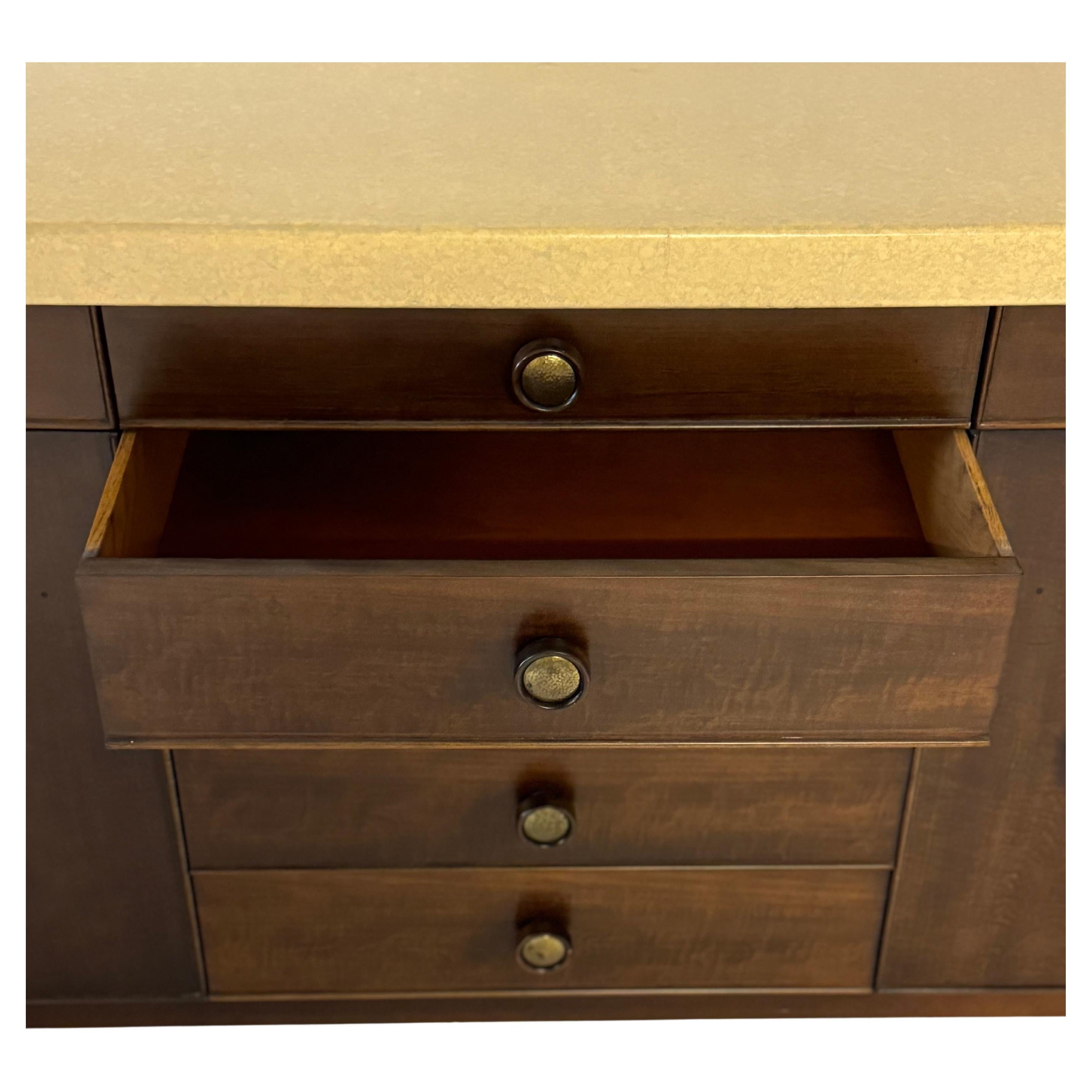 Paul Frankl MCM Debonaire Cork & Mahogany Sideboard with Hammered Brass Knobs For Sale 4